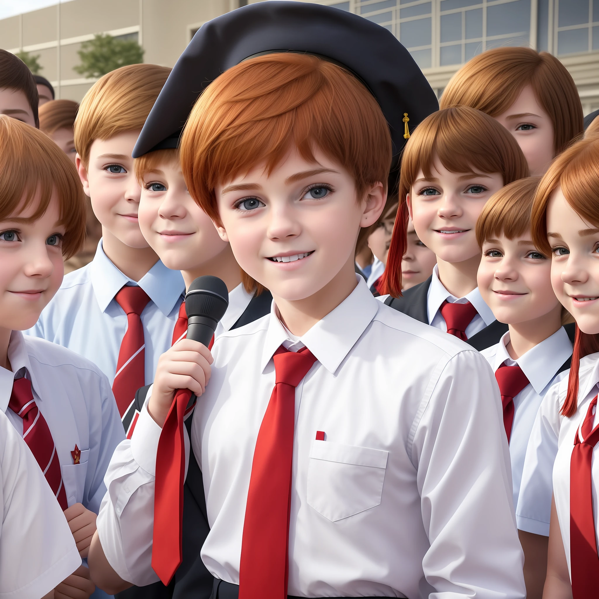 there are many children in school uniforms posing for a picture, still from a live action movie, award winning movie still, barron trump, realistic movie still, scene from live action movie, red haired boy, perfect likeness, digitally painted, very realistic film still, photo still, a hyperrealistic schoolgirl, emma watson as giant man, great likeness