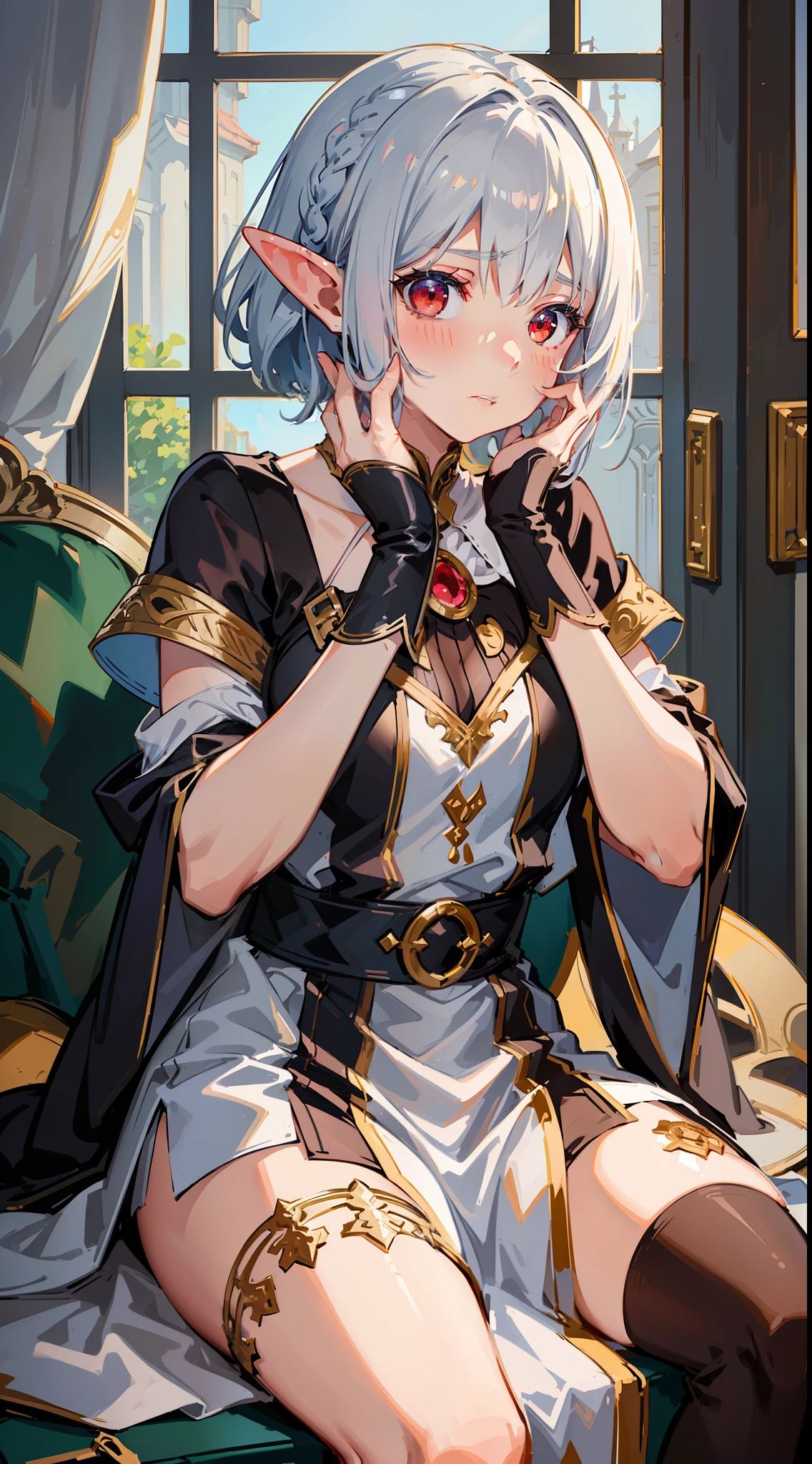 1 Girl full body, elf, silver hair, red eyes, bob cut, braid, fantasy style costume, wizard, robe, long skirt, indoors, sitting on a chair, (facing forward), ((putting both hands on their face)), (surprised), (blush), concept art, beautiful anime scene, beautiful anime scenery, top rating on pixiv, top quality, 4K