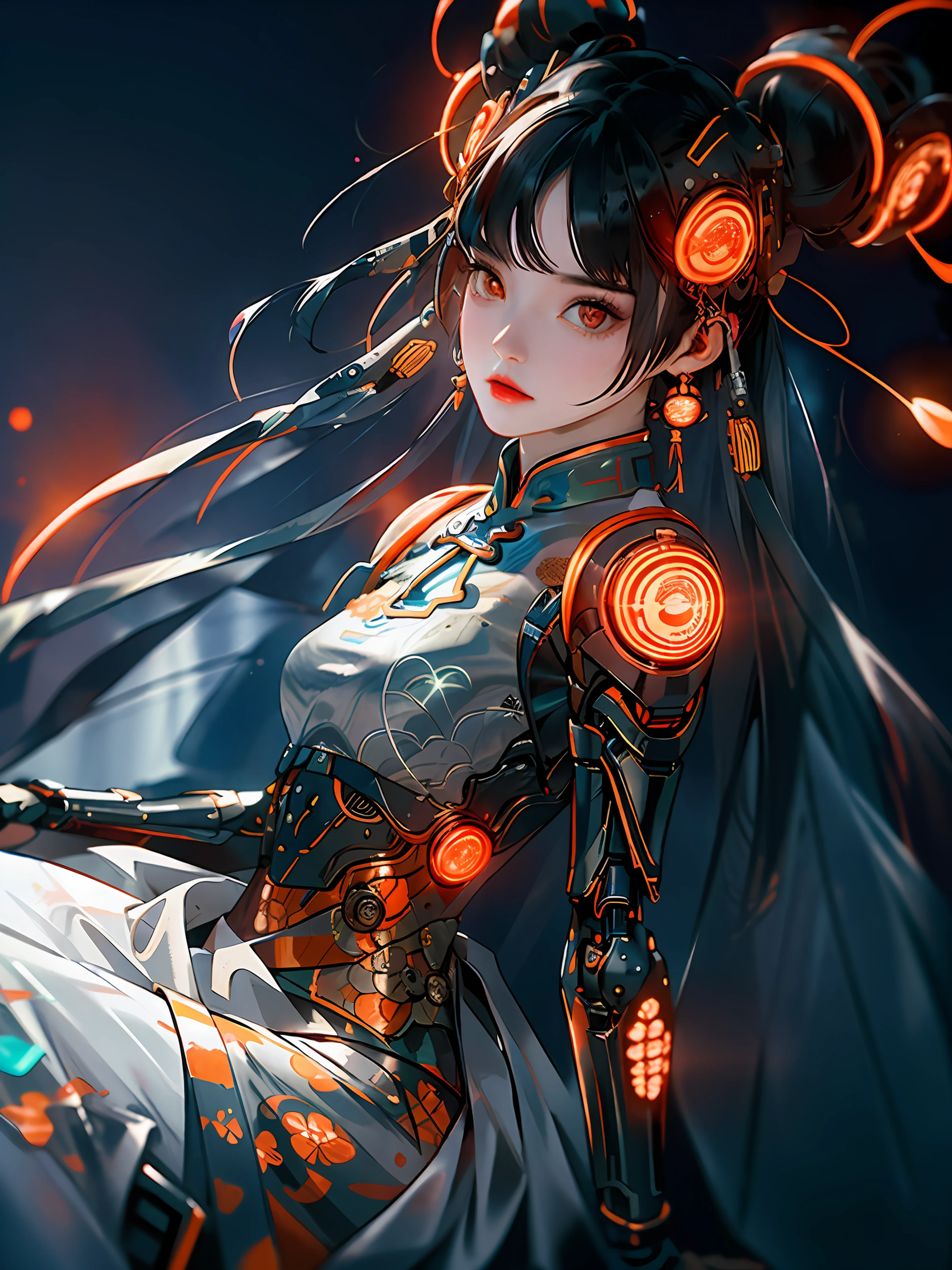 1 girl, Chinese_clothes, metallic black titanium and orange, cyberhan, cheongsam, cyberpunk city, dynamic pose, detailed luminous headphones, glowing hair accessories, long hair, luminous earrings, glowing necklace, cyberpunk, high-tech city, full of mechanical and futuristic elements, futurism, technology, glowing neon, orange, orange light, fluorescent orange, skirt, cape, coat, laser, digital background, urban sky, big moon, with vehicle, best quality, masterpiece, 8K, Character edge light, super high detail, high quality, the most beautiful woman in human beings, slight smile, face facing front left and right symmetry, ear decoration, beautiful pupils, light effects, visual data, pick and dye orange, dye hair, super detail facial texture, happy and proud, weapon system, mecha style, crowded street passers-by, full body in camera, infinite zoom, super light and shadow, various poses, long hair flowing, glowing boots