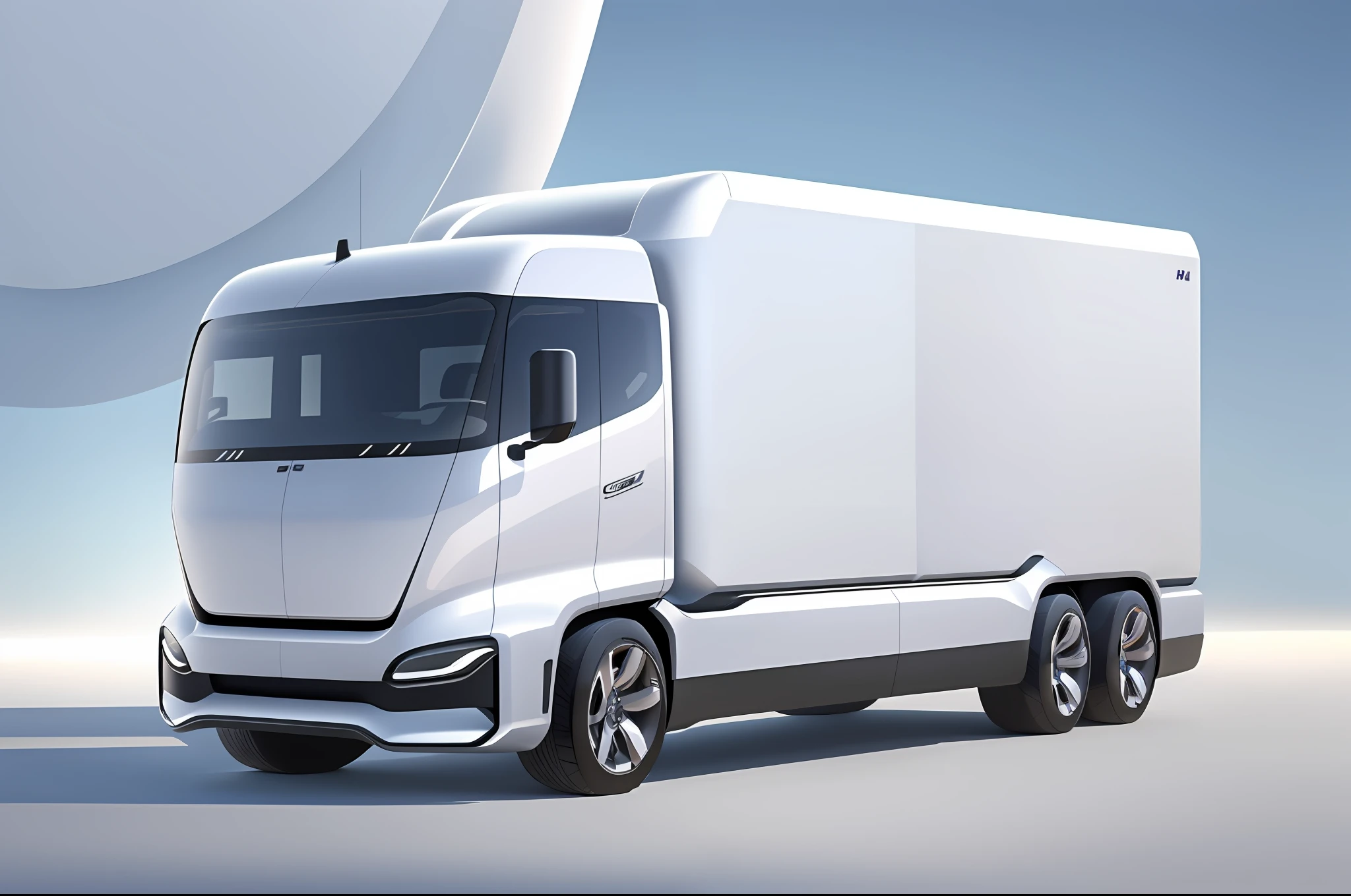 High quality, high detail, UHD, 8K, concept design (light commercial truck: 1.4), (45° viewing angle on right: 1.1), cargo box, white car paint, minimalism, electric car elements, centered, no unnecessary lines, studio, global light, light background, octane rendering, wide angle lens, eye level.