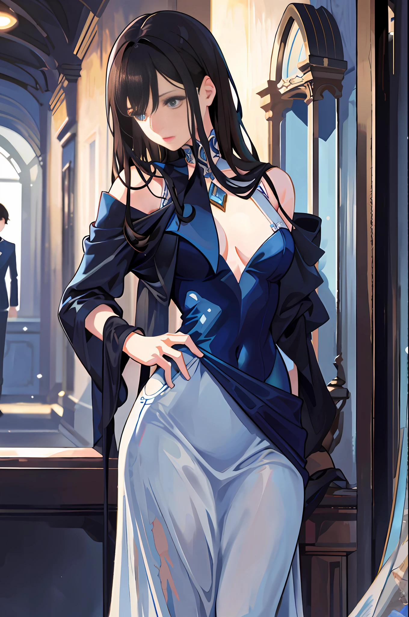 The brunette-haired, slightly curly, delicate navy blue eyes, ruddy thin lips, dressed in a pristine blue dress kissed the dashing boy in a black suit, tall, cold face, cold eyes, black hair clawed with glue