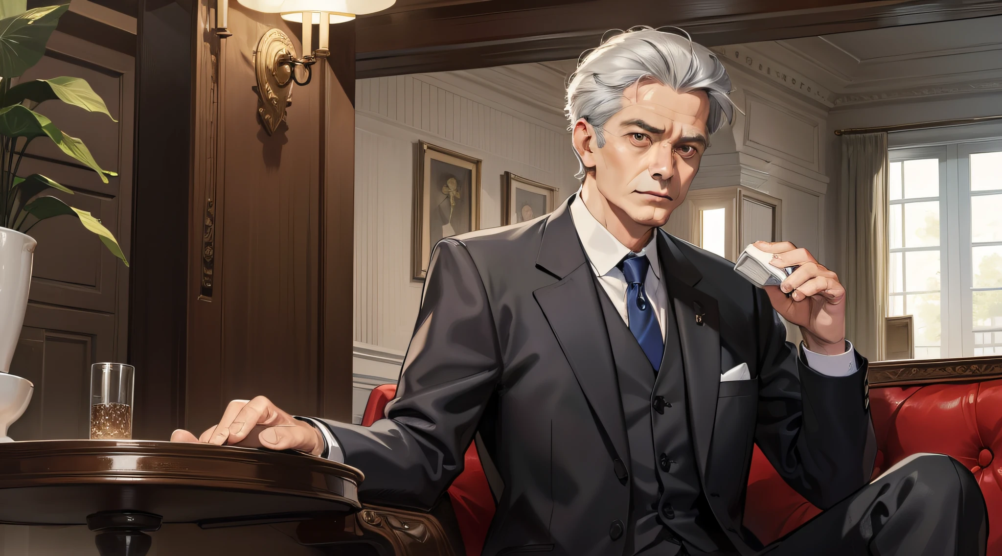 A middle-aged man, somewhat gray-haired, with a serious face, in a suit, sitting