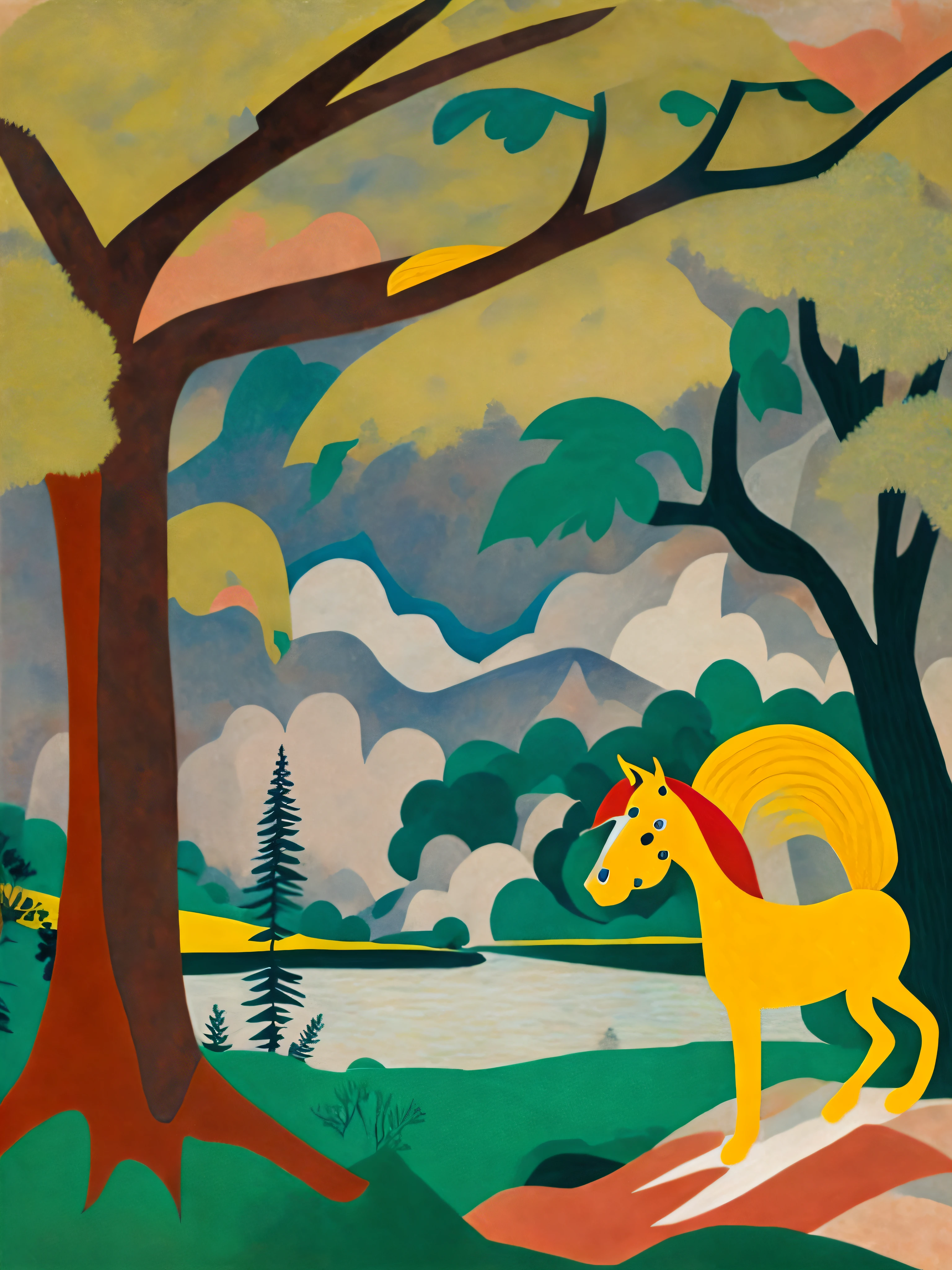 A horse resting under the tree, a lake beside the tree in the background by by Arshile Gorky