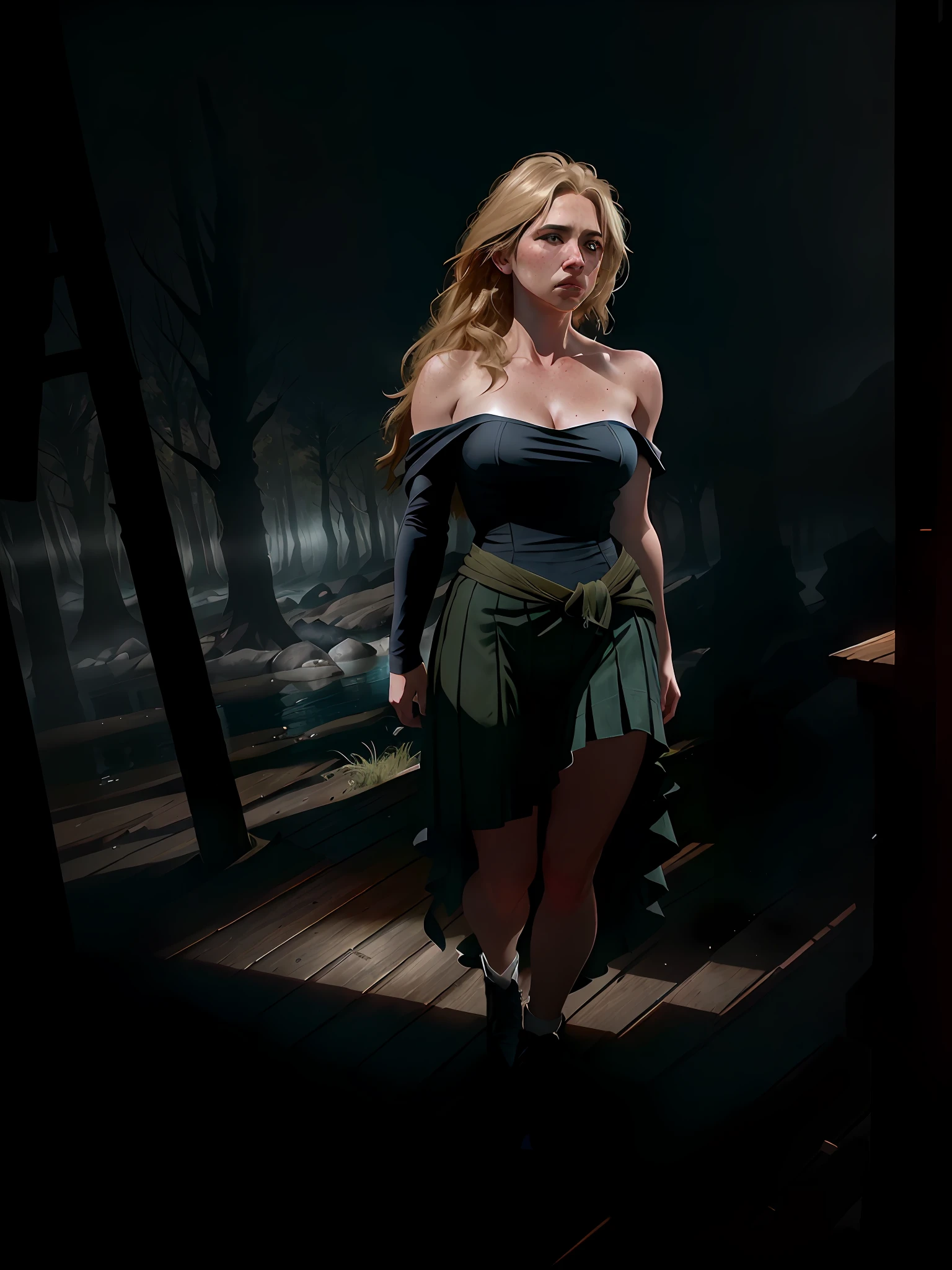 deep shadow, sinister, award winning photo, best quality, masterpiece, upper body, woman, freckled face, windblown blonde hair, emerald eyes, modern strapless dress by Jeremy Lipking, by Antonio J. Manzanedo, by lee jeffries nikon d850 film stock photograph 4 kodak portra 400 camera f1.6 lens rich colors hyper realistic lifelike texture dramatic lighting unreal engine trending on artstation cinestill 800, fisheye lens, Style-Kilt, windy beach, scottish loch, forest