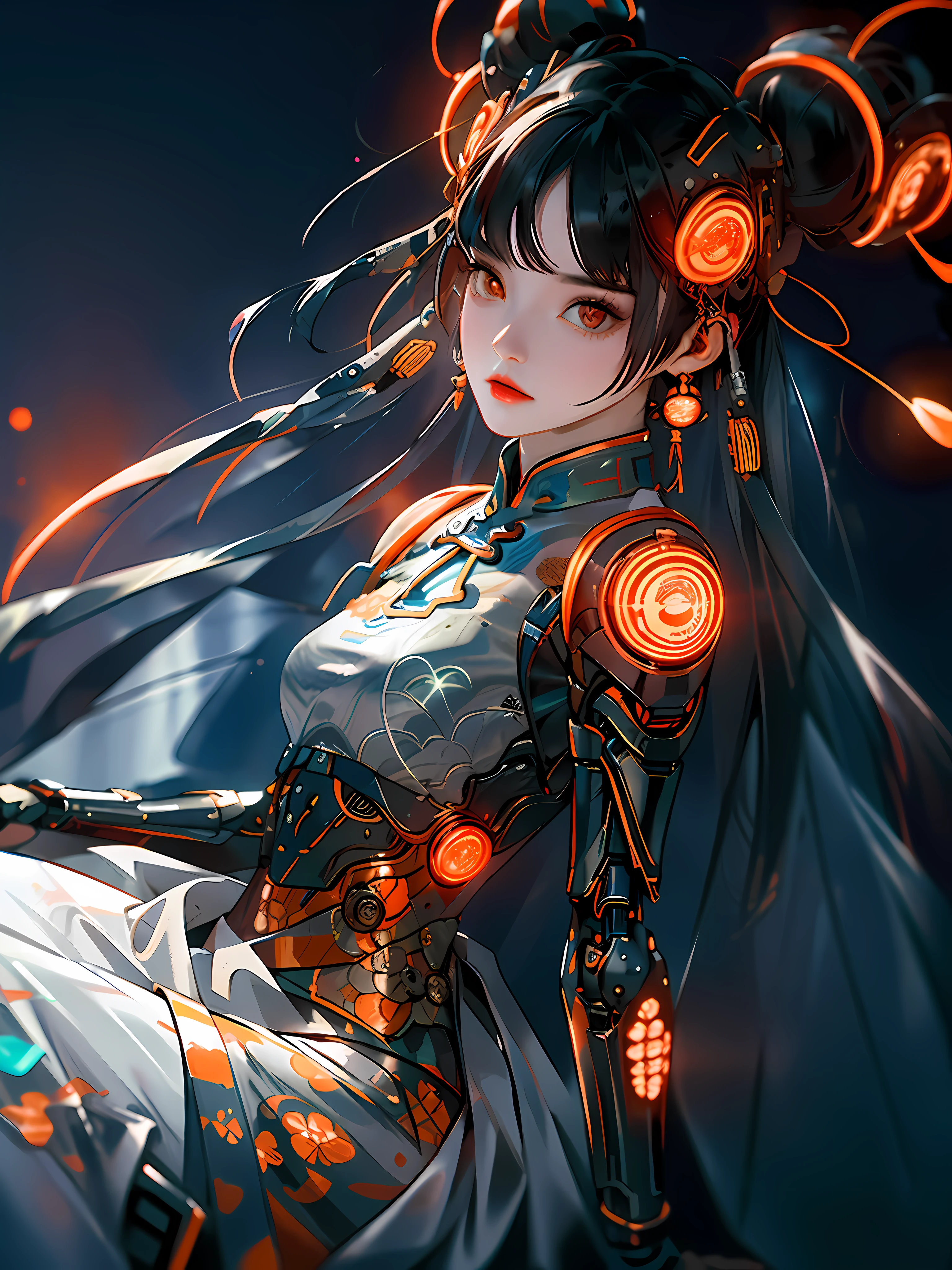 1 girl, Chinese_clothes, metallic black titanium and orange, cyberhan, cheongsam, cyberpunk city, dynamic pose, detailed luminous headphones, glowing hair accessories, long hair, luminous earrings, glowing necklace, cyberpunk, high-tech city, full of mechanical and futuristic elements, futurism, technology, glowing neon, orange, orange light, fluorescent orange, skirt, cape, coat, laser, digital background, urban sky, big moon, with vehicle, best quality, masterpiece, 8K, Character edge light, super high detail, high quality, the most beautiful woman in human beings, slight smile, face facing front left and right symmetry, ear decoration, beautiful pupils, light effects, visual data, pick and dye orange, dye hair, super detail facial texture, happy and proud, weapon system, mecha style, crowded street passers-by, full body in camera, infinite zoom, super light and shadow, various poses, long hair flowing, glowing boots