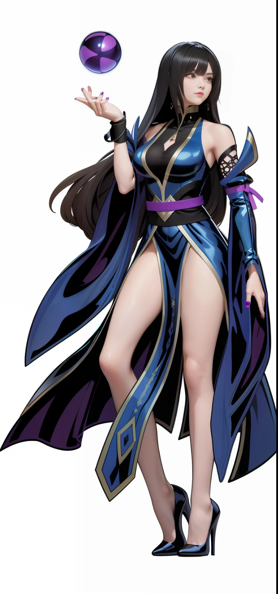 A cartoon image of a woman in black Han holding a purple ball, dark witch full body pose, full body fairy, dark witch full view, brunette mage, /! \Witch, Human:: Witch, Katana Zero Video Game Character, Dark Witch Character, Supervillain Witch Witch, (8k, RAW photo, best quality, masterpiece:1.2), European feel, medieval, ((character concept art)), Full Body Concept, Still life, Fine detail, center of screen, still life only, ((simple background)),white background,