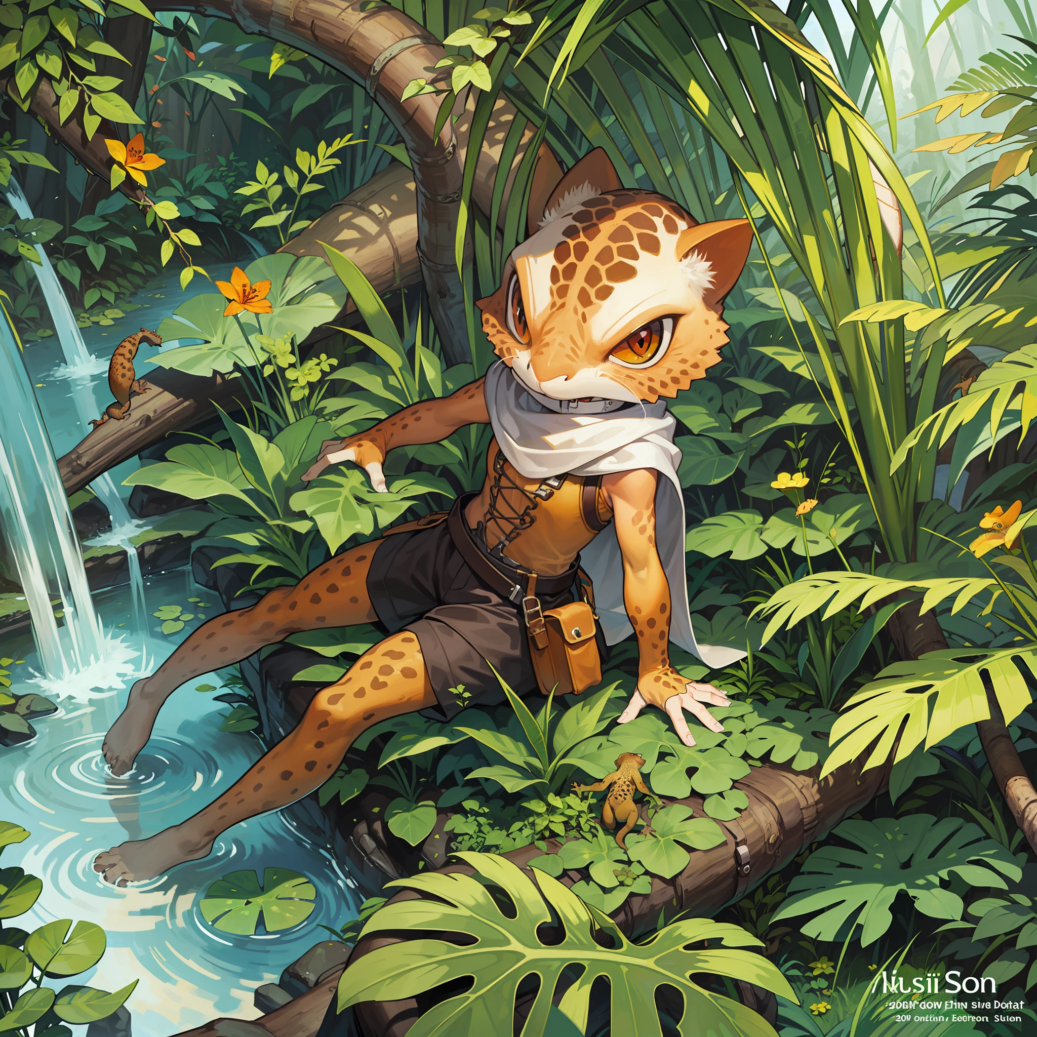 a brown gecko dressed as a jungle explorer, digital art