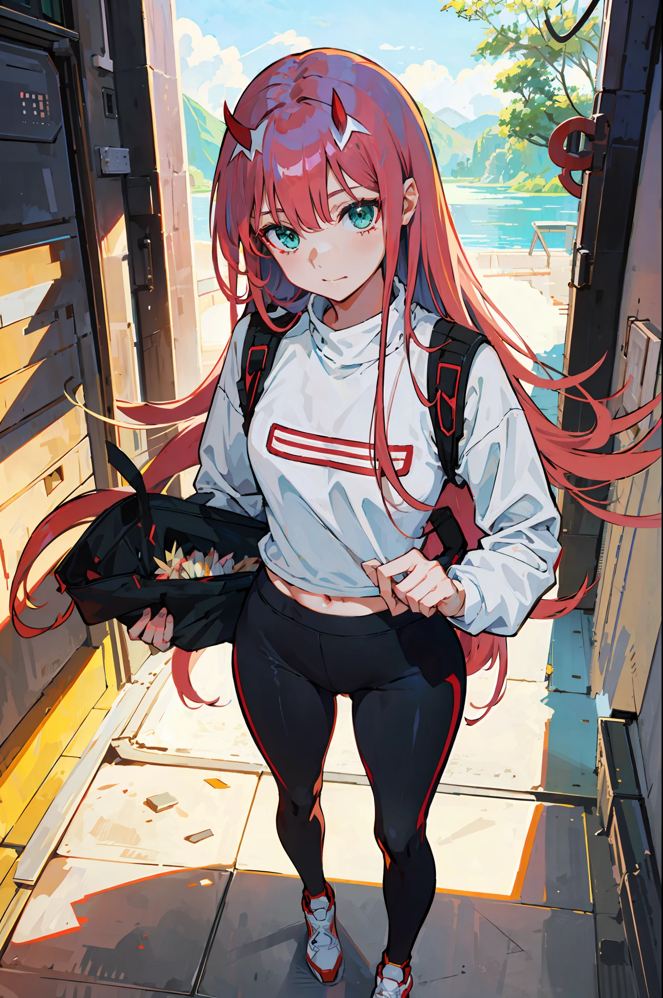 zero two \(darling on franxx\), darling on franxx, 1girl, bangs, bite, shadow, long hair, small breasts, large thighs, sweatshirt, yoga pants, green eyes, makeup, pair of small red horns, pink hair, red eyeshadow, soil, sunshine