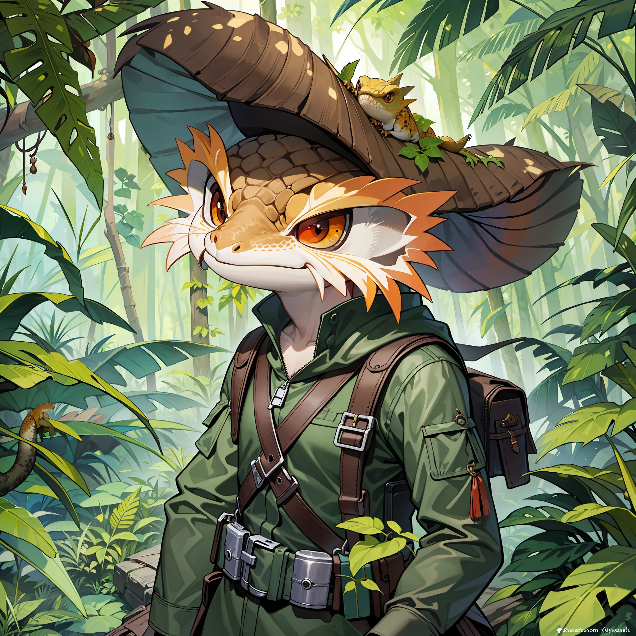 a brown gecko dressed as a jungle explorer, digital art