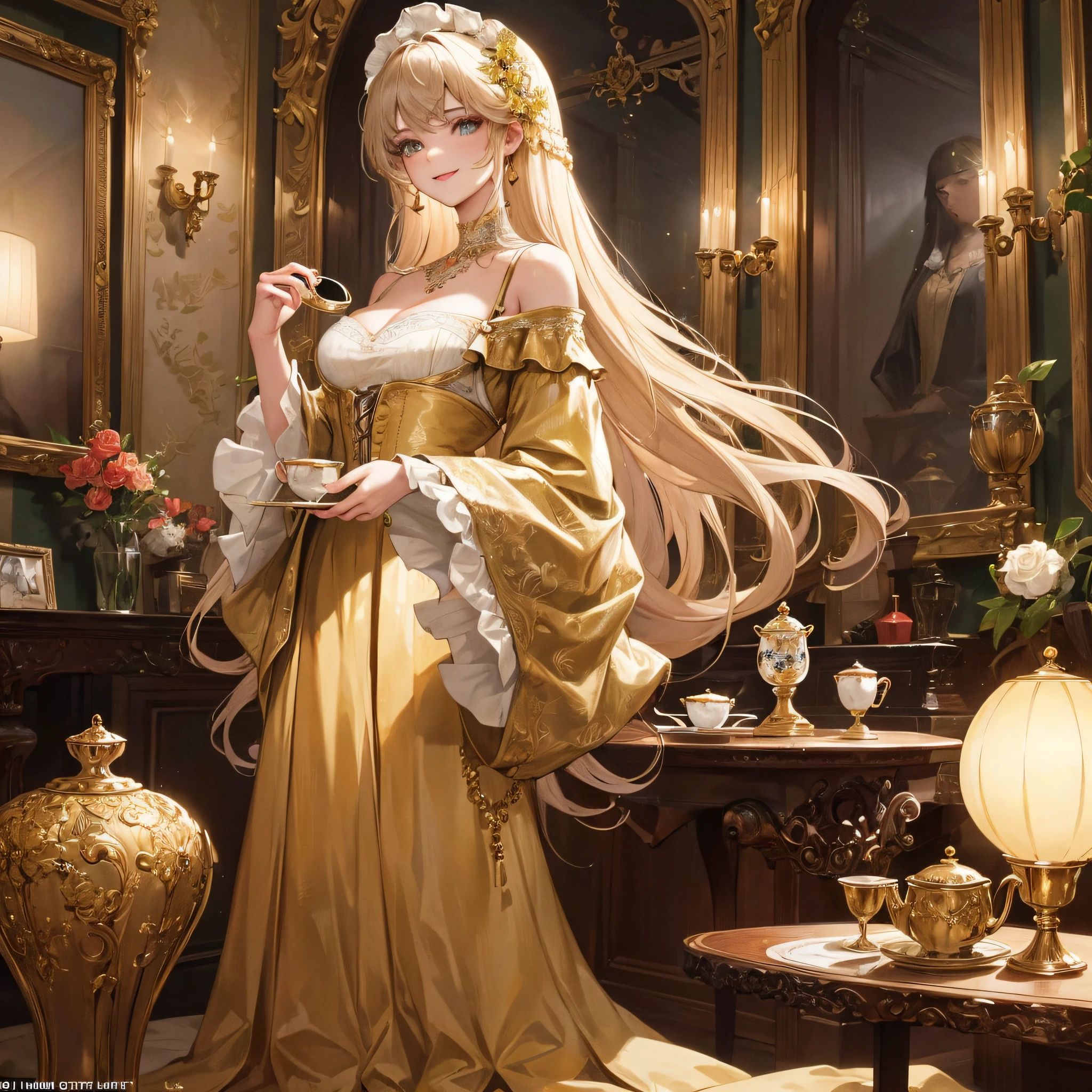 (Masterpiece: 1.2, best quality), (real pictures, intricate details), standing in the living room, 1 lady, solo, bodice, off-the-shoulder long skirt, long hair, light makeup, close-up face, smile, tea set in both hands