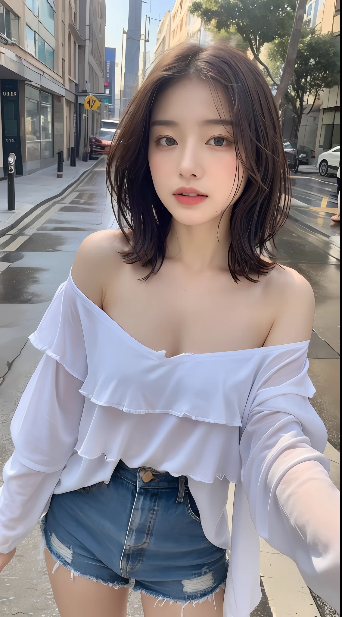 ((Best Quality, 8K, Masterpiece:1.3)), Focus: 1.2, Perfect Body Beauty: 1.4, Buttocks: 1.2, ((Layered Haircut, Breasts: 1.2)), (Wet Clothes: 1.1) , (Rain, Street:1.3), Bandeau Dress: 1.1, Highly Detailed Face and Skin Texture, Delicate Eyes, Double Eyelids, Whitened Skin, Long Hair
