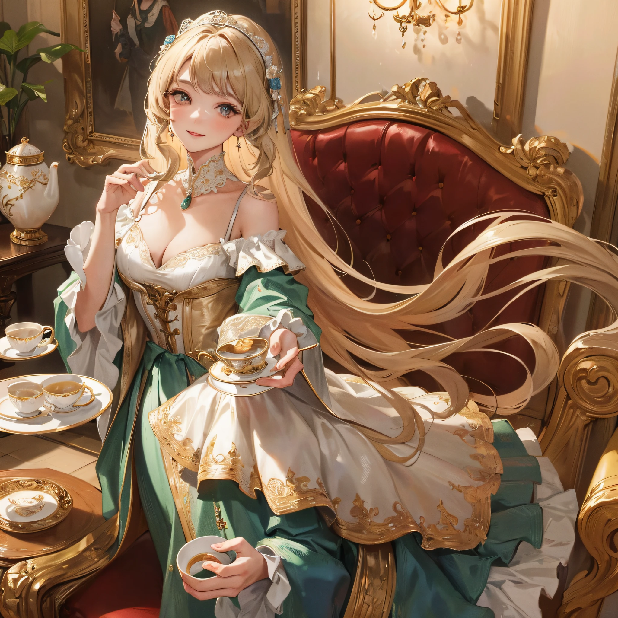 (Masterpiece: 1.2, best quality), (real pictures, intricate details), standing in the living room, 1 lady, solo, bodice, off-the-shoulder long skirt, long hair, light makeup, close-up face, smile, tea set in both hands
