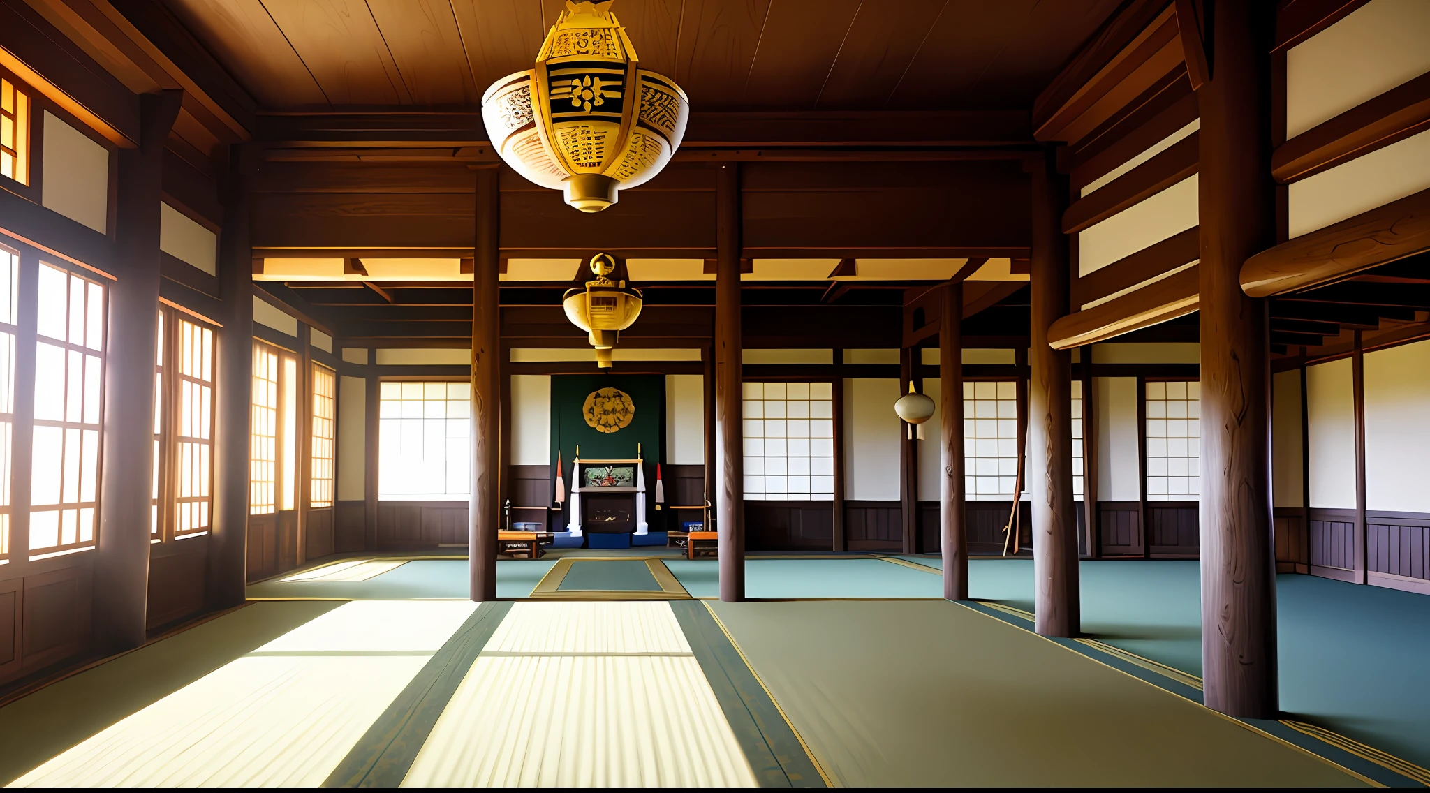 Masterpiece, very detailed, ultra-realistic, detailed background, bright lighting, sunlight, (Ainu royal palace reception room fathers and daughters), (wide shot),