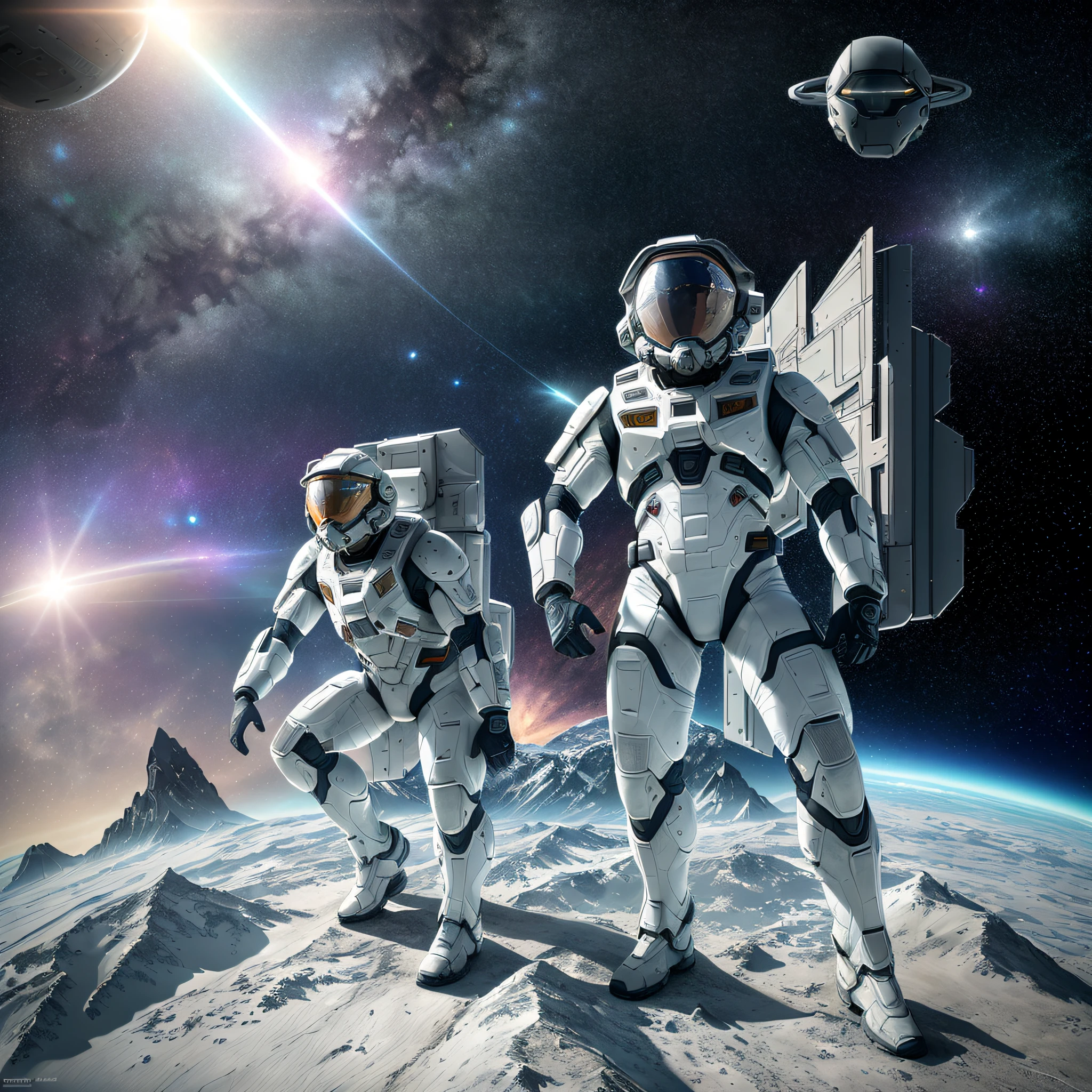 Highly detailed RAW color photograph, aerial view, (full body), (two male astronauts in white spacesuits, futuristic helmets, masks, respirators), figures are on the far left, two male astronauts suspended in the air, sky, sky, (science fiction), mountains (two satellites), sky: 0.8), (very detailed, complex), (lens flare), (very detailed, ultra-detailed, complex), (Very detailed, ultra-detailed, complex), (halo: 0.7), particle effects, ray tracking, movie lighting, Sony, a9 II deep view lens, 24mm wide angle lens, sharp focus, movie stills