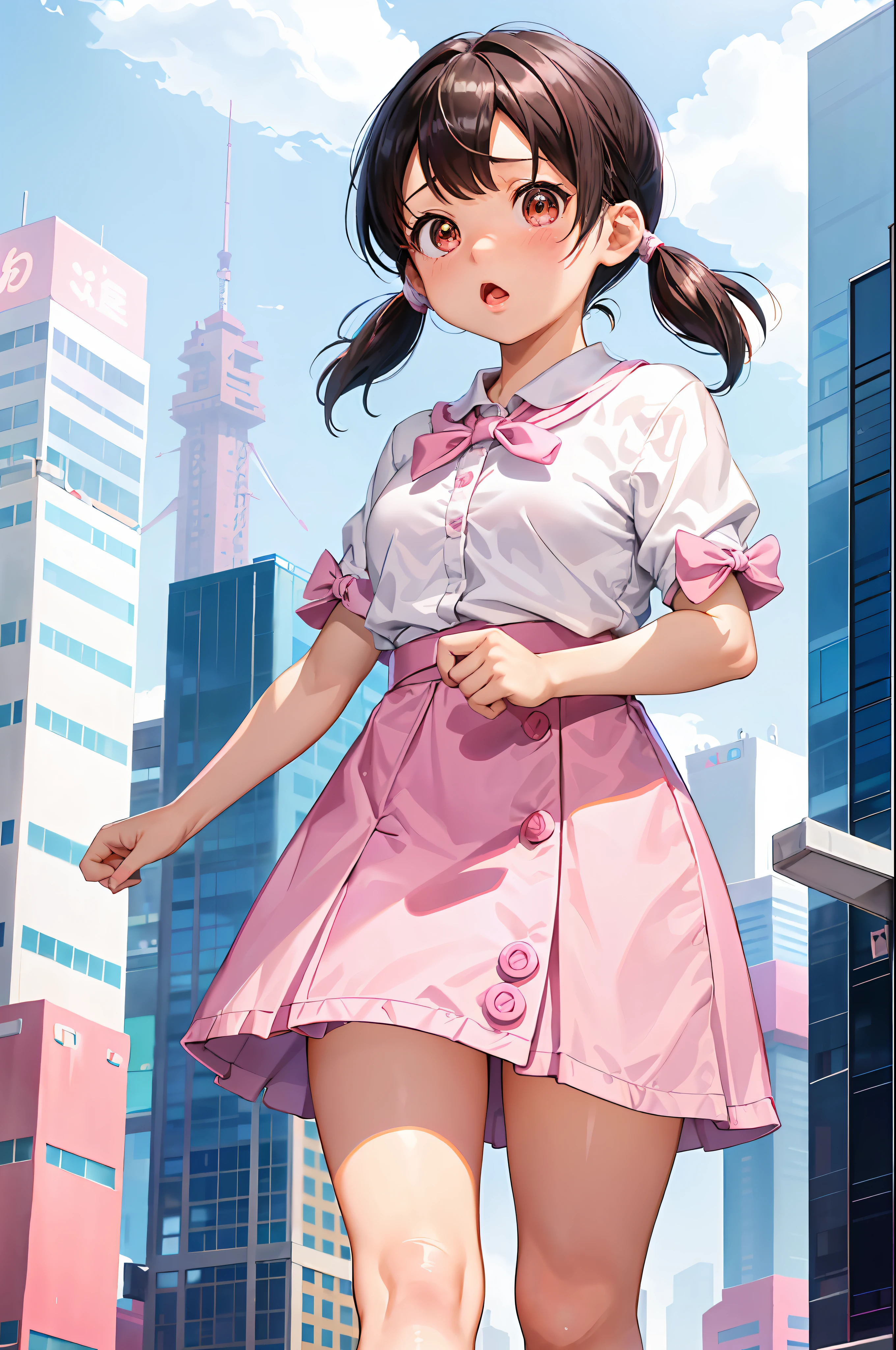 1 girl, minamoto_shizuka, bangs, (((short twin tails)))), high school student, loli, 18 years old, pink top, pink mini skirt, white socks, white panties, (surprised face), ( (towering, towering giant girl))))), city of miniatures, skyscrapers