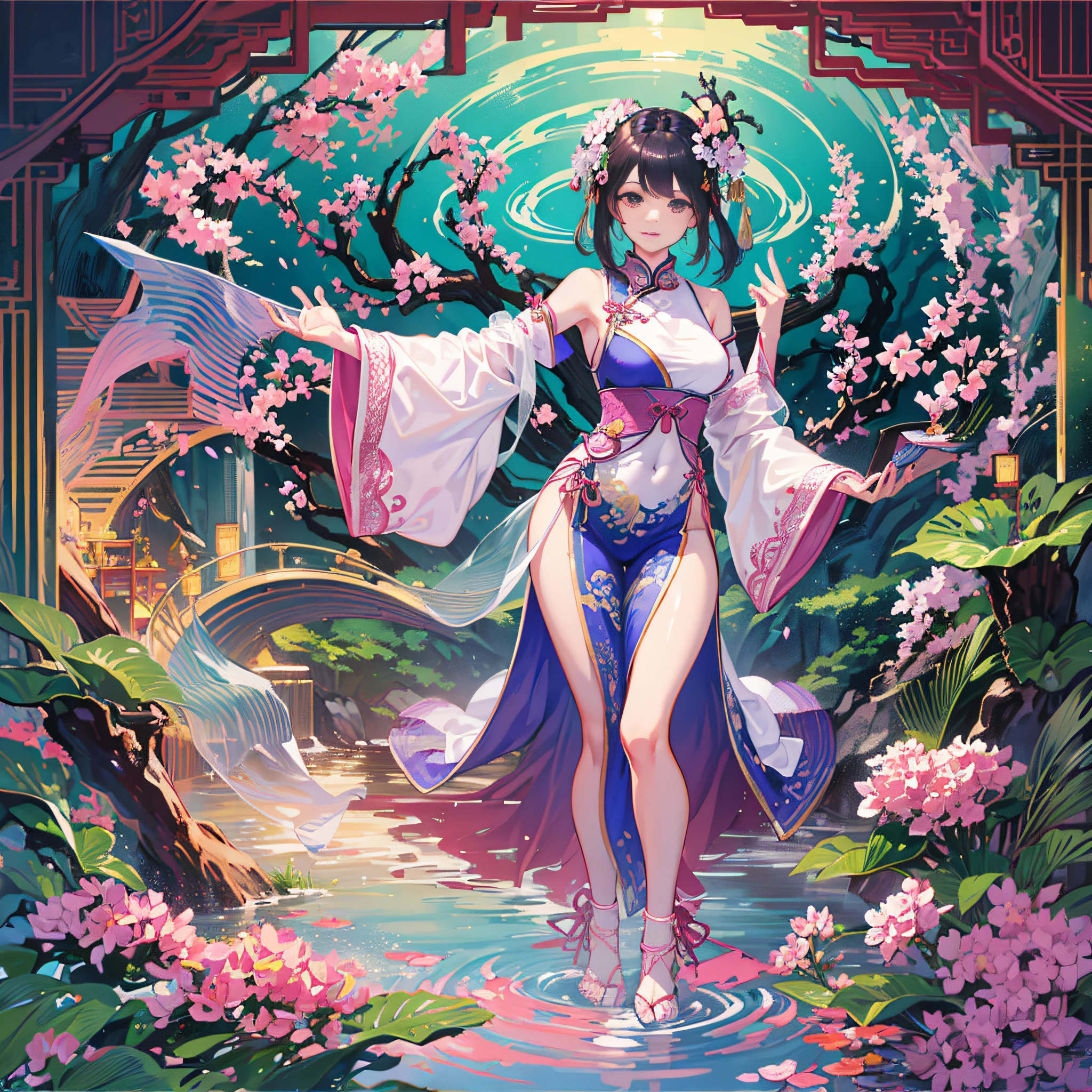 Water sleeve dance, pure beauty, ancient Chinese style, ink painting, myths and legends, plum blossoms, refreshing, thin clothes, light and elegant, , pink tender --auto --s2