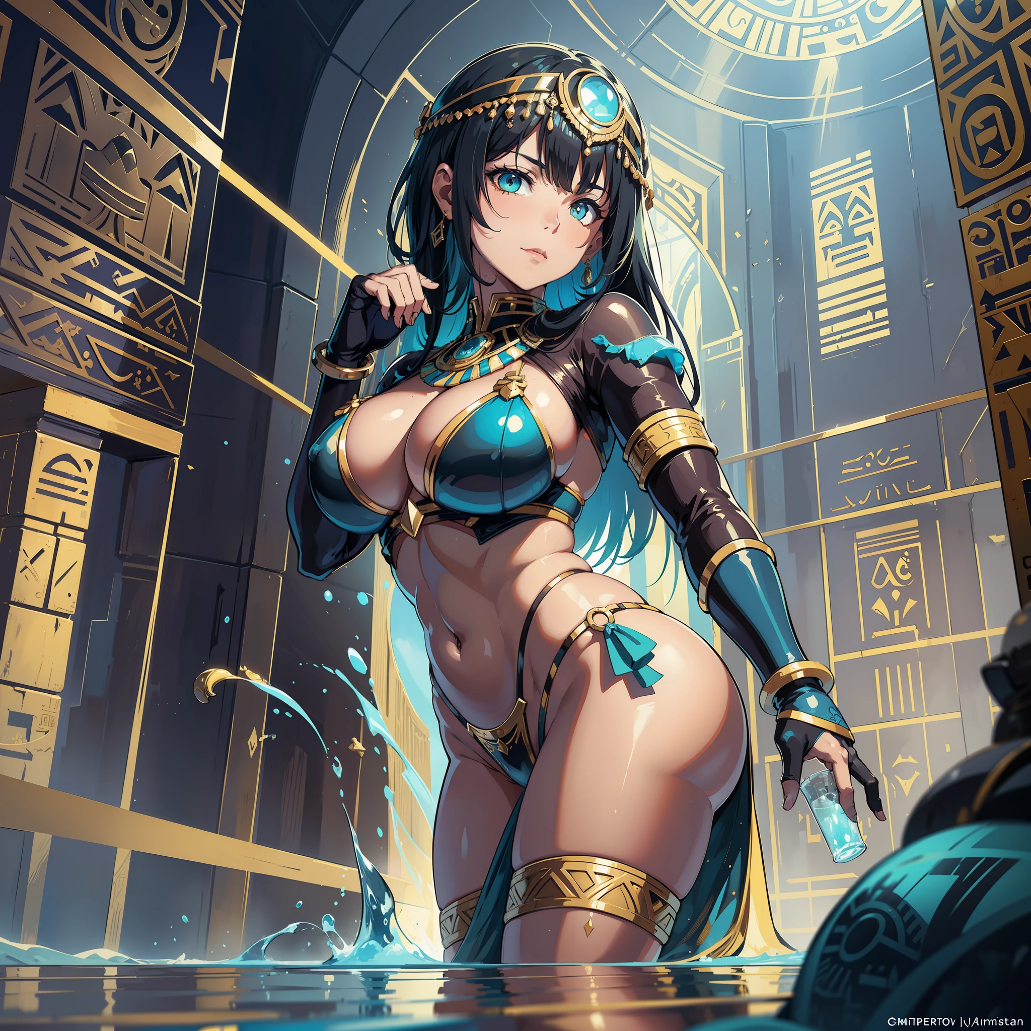 cinematic High detailed Egyptian swimsuit design, award winning, decorated with creative ancient style, Egypt scrips, trendy ideas, artistic details, maximum designs, academy winner cinematic picture, stunningly beautiful cute face, Rachel Cook smile, Instagram, Soft Box light from both directions, low saturation, busty, glass hour body shape, wide hips, big butt, Cleopatra hair cut, top photography quality, photo realistic Sony Alpha 8, low saturated image, Super quality, 8k, warm, background smoky and foggy Egyptian fantasy water oasis of the nile, marble floors, spheres by Maurits Cornelis Escher, Glassmorphism + Ultra Art Deco Style, Carbon, sci-fi, symmetry, depth of field, intricate, elegant, highly detailed, hyperdetailed face, digital painting, professional ominous concept art, sharp focus, illustration, as imagined by Greg Rutkowski and Borris Vallejo and Jean-Baptiste Monge style