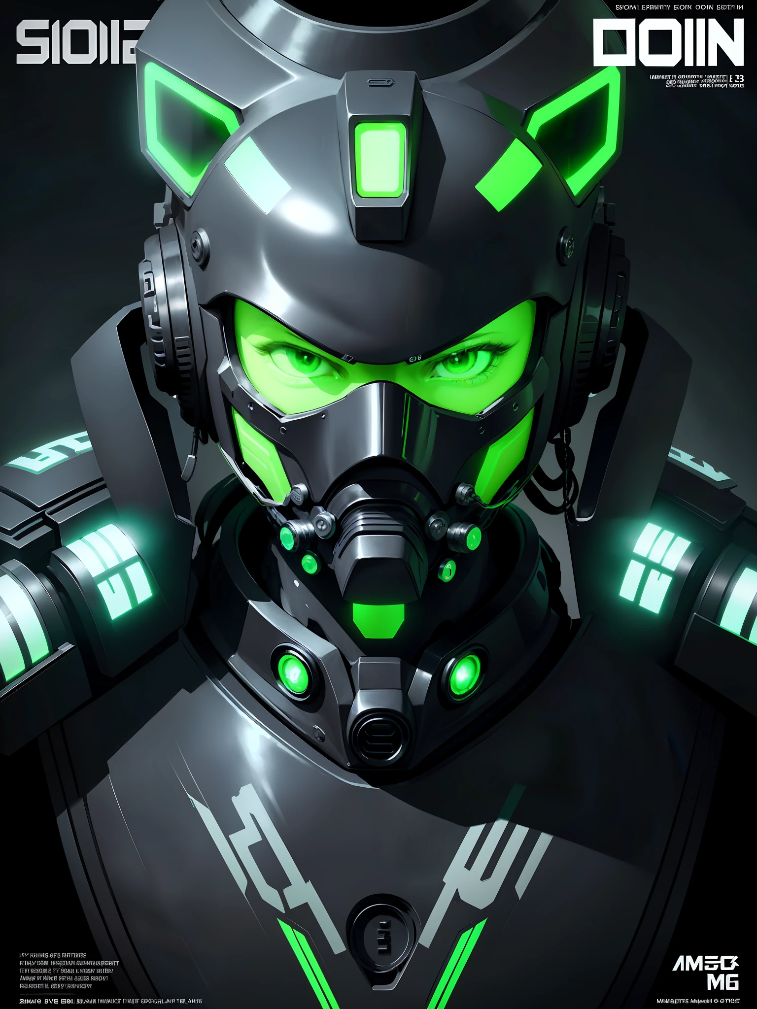 (Magazine cover: 1.3), black and white tones, low brightness, super cool graphics, impressive, fluorescent green English letters, graphic design masterpiece, best quality, liquid metal robot face, (with sci-fi technology breathing mask and headset with complex circuits), wearing liquid metal mecha,