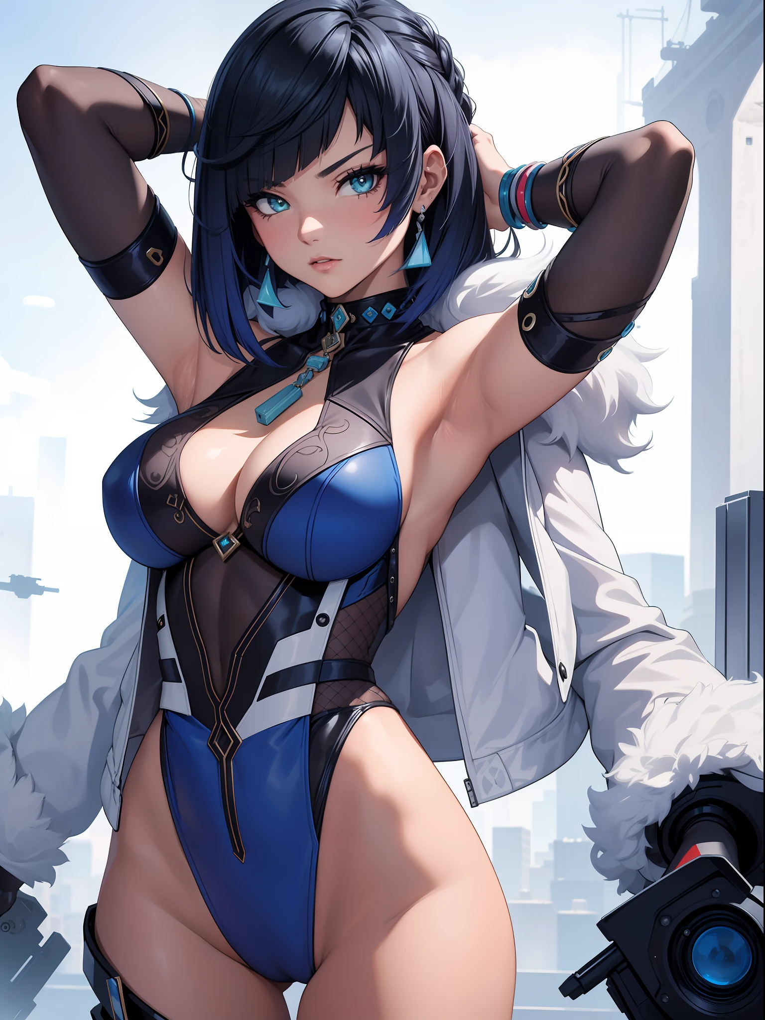 Best quality, masterpiece, highly detailed, award winning, (bold and seductive:1.2) girl, colorful, dressed in (beautiful, cool, edgy, sexy futuristic sleeveless leotard), 1 arm raised above head, exposed armpit, exudes (power:1.1) and (confidence:1.1), plain white background