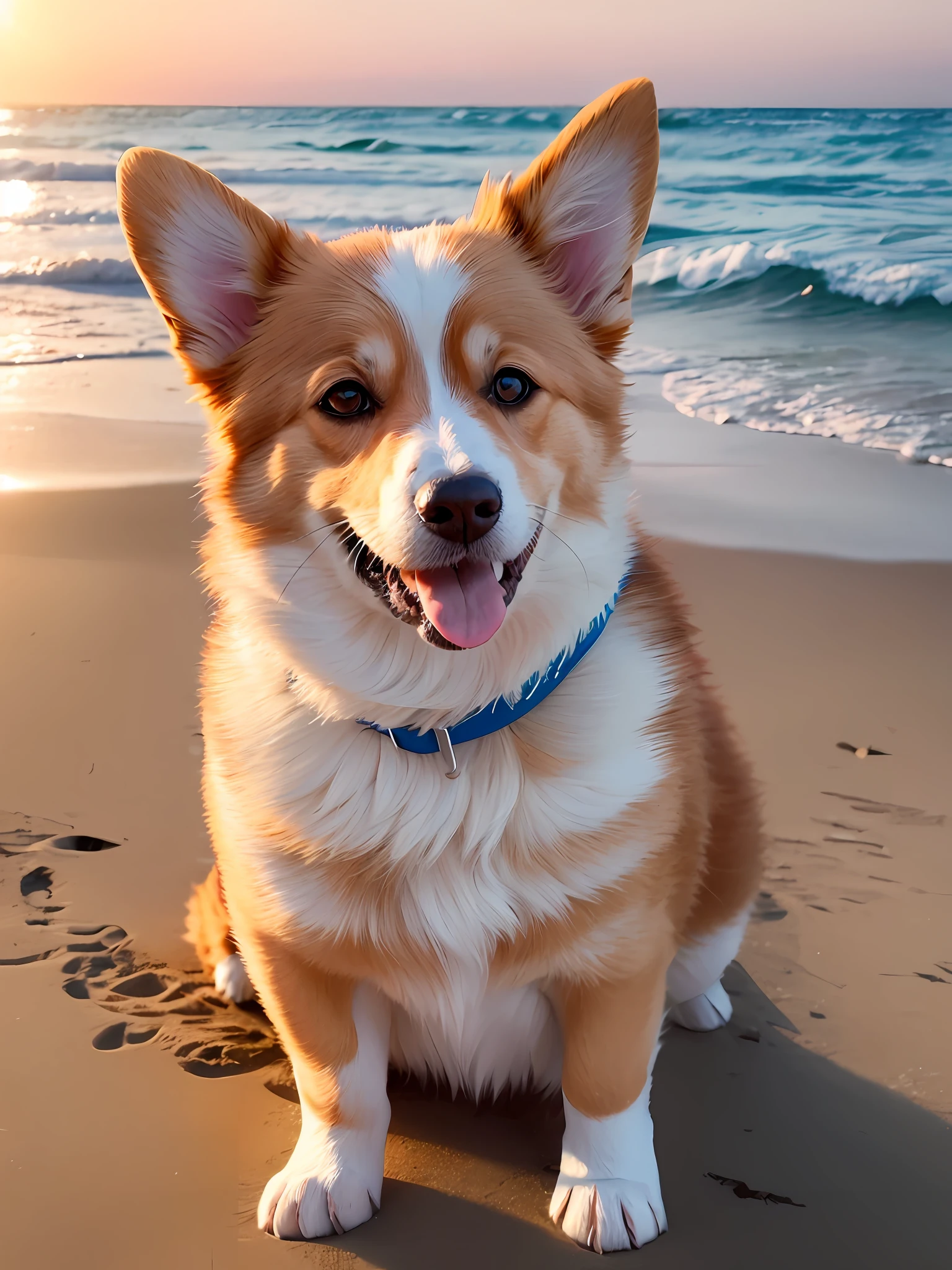 There is a dog sitting on the beach, happy dog, cute corgi, smile happily at the camera, cute dog, close-up portrait, friendly smile, warm smile, pet animal, beach, sky, sunset, backlight, hide tail