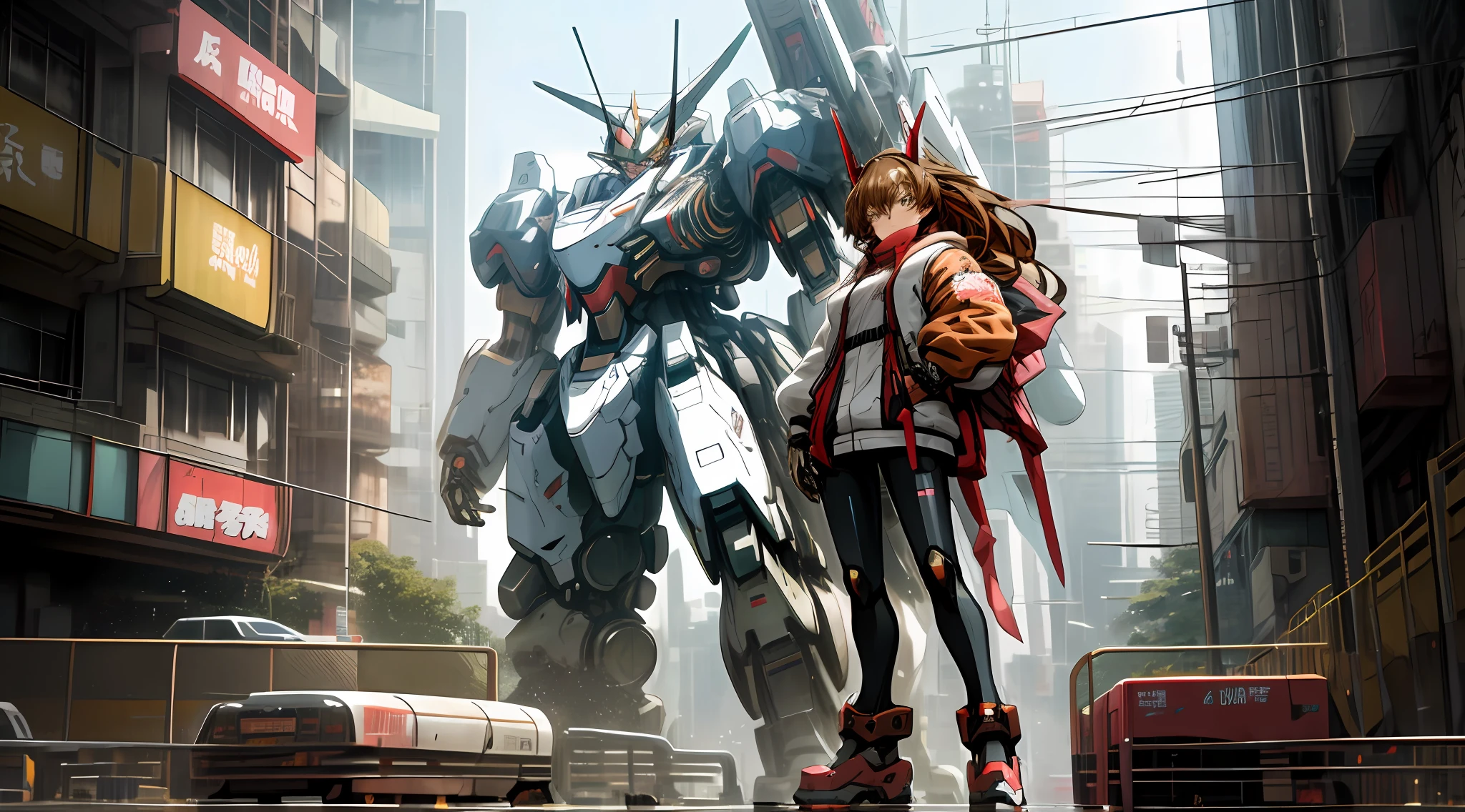 anime characters standing in front of a giant robot in a city, anime mecha aesthetic, modern mecha anime, mecha asthetic, cyberpunk anime girl mech, digital cyberpunk anime art, cool mecha style, best anime 4k konachan wallpaper, krenz cushart and wenjun lin, girl in mecha cyber armor, female mecha, brown hair