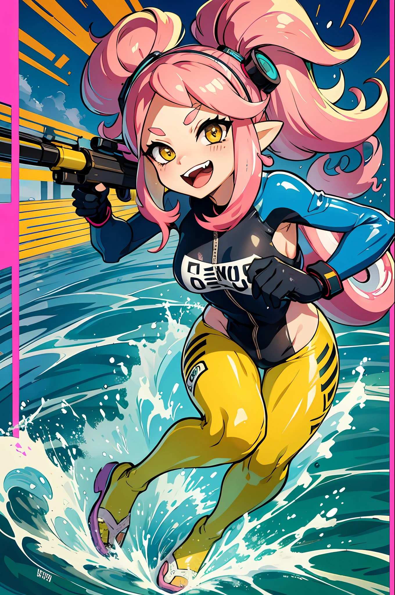 Splatoon, Squid Girl, Realistic, Top Quality, High Definition, Sexy, Suprashooter, Water Gun (Yellow), Full Body, Tight Suit, Adult, Pink, Twin Tails, Laughing, Double Tooth