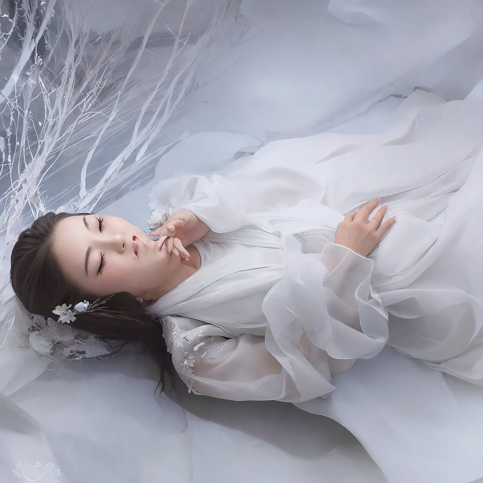 The palace makeup woman in a white dress was lying on the marble floor, a stunning young ethereal figure in white Hanfu, extremely beautiful and ethereal, pale, as soon as I said my heart, one hand was placed on the other side of the body.