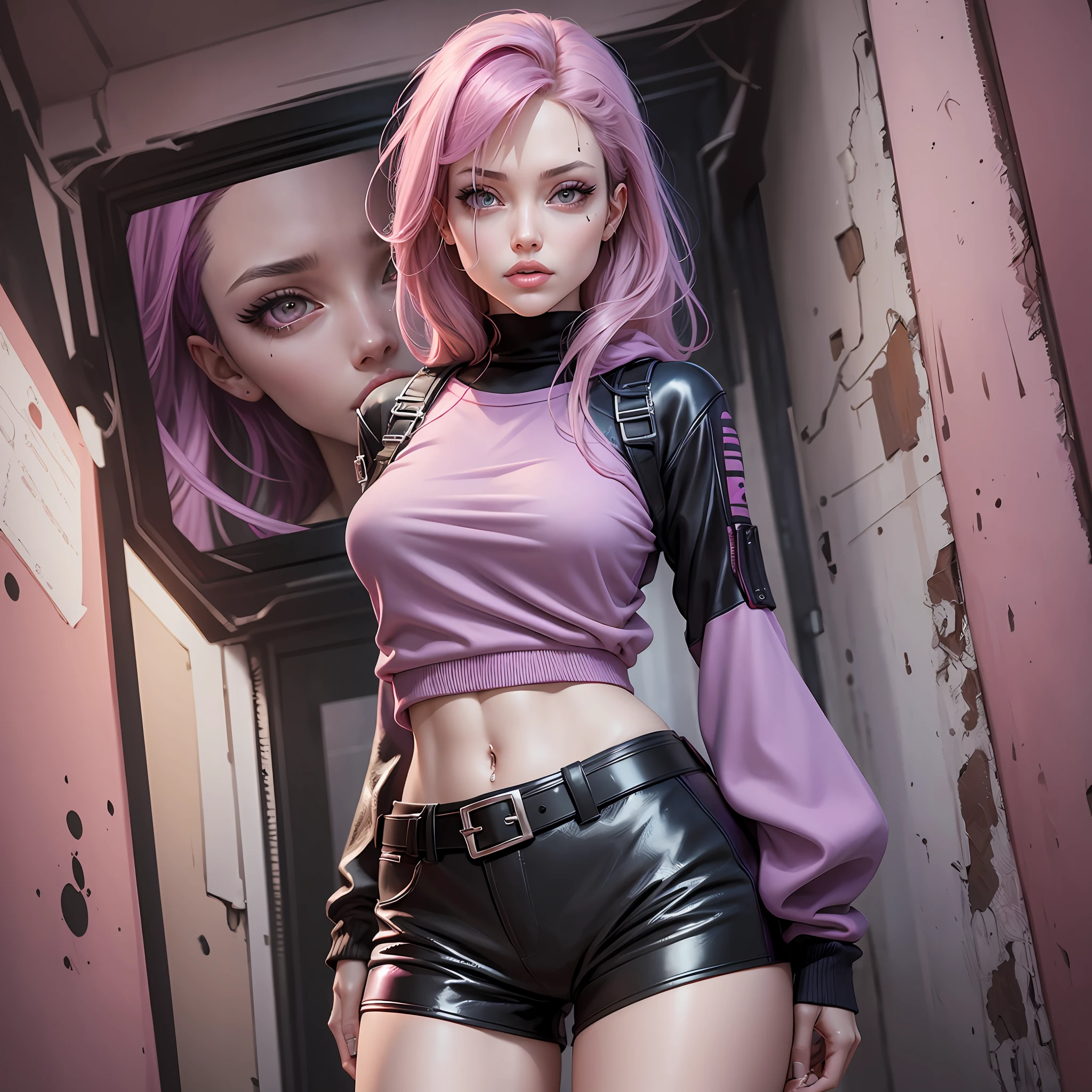 Angelina Jolie, 1girl, portrait, beautiful, masterpiece, multicolored hair, pink hair, purple hair, dull bangs, 3d rendering, asymmetrical clothing, black sweater, pink latex, independent sleeves, beautiful eyes, makeup, eyelashes, black shorts, torn shorts, pink belt --auto --s2