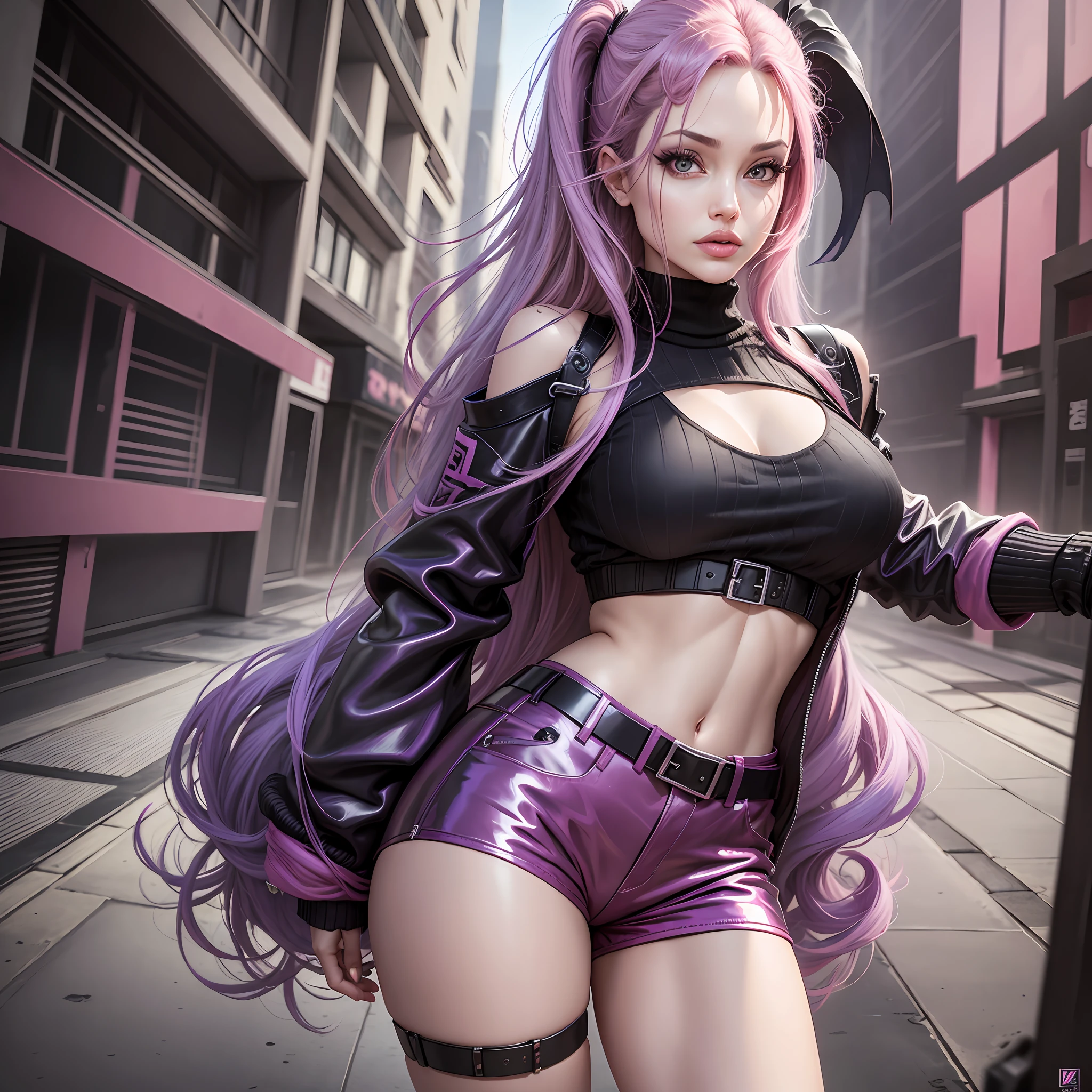 Angelina Jolie, 1girl, portrait, beautiful, masterpiece, multicolored hair, pink hair, purple hair, dull bangs, 3d rendering, asymmetrical clothing, black sweater, pink latex, independent sleeves, beautiful eyes, makeup, eyelashes, black shorts, torn shorts, pink belt --auto --s2