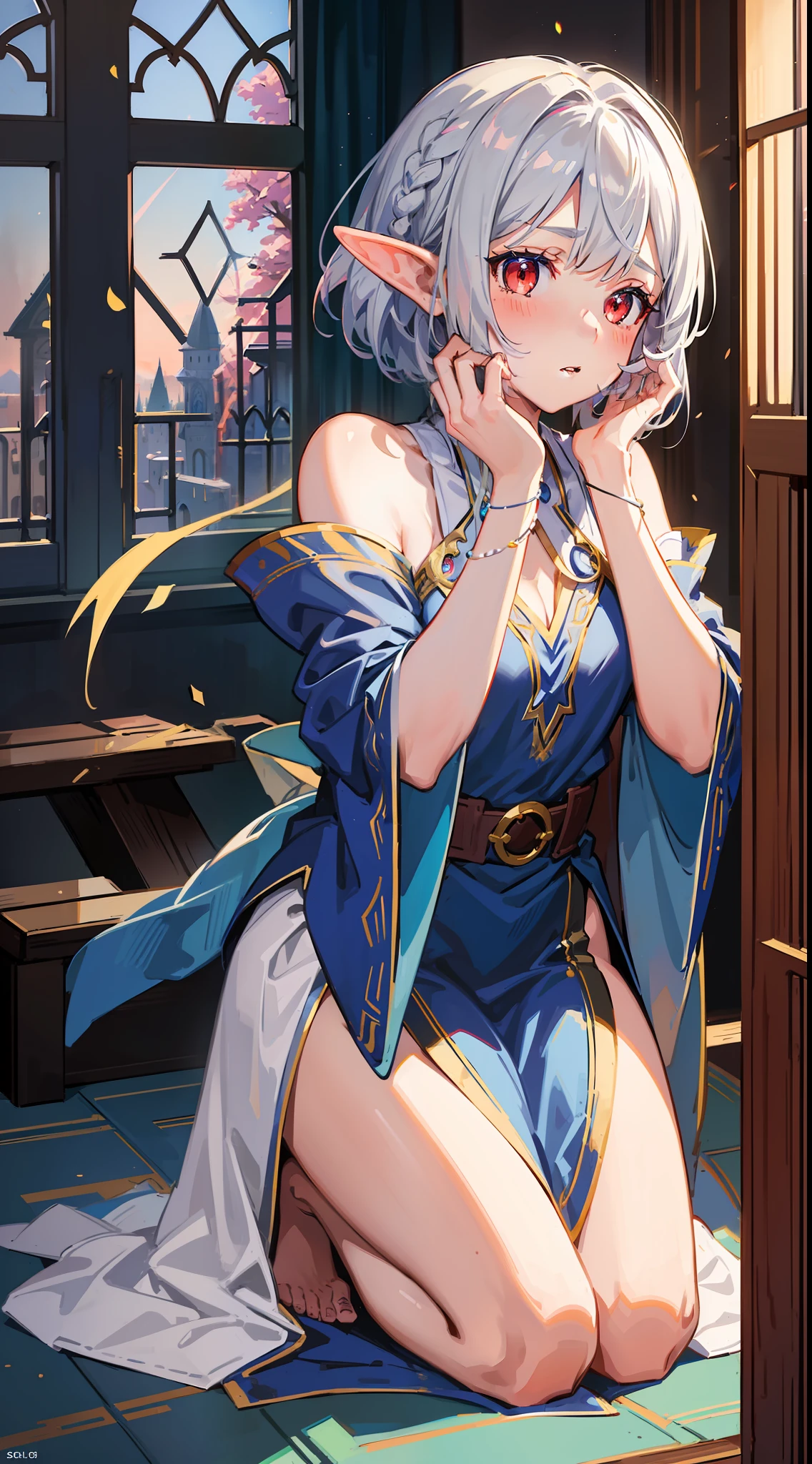 1 girl, elf, silver hair, red eyes, bob cut, braid, fantasy style costume, wizard, robe, long skirt, indoors, kneeling, (facing forward), ((putting both hands on one's face)), (surprised), (blush), concept art, beautiful anime scene, beautiful anime scenery, top rated on pixiv, top quality, 4K