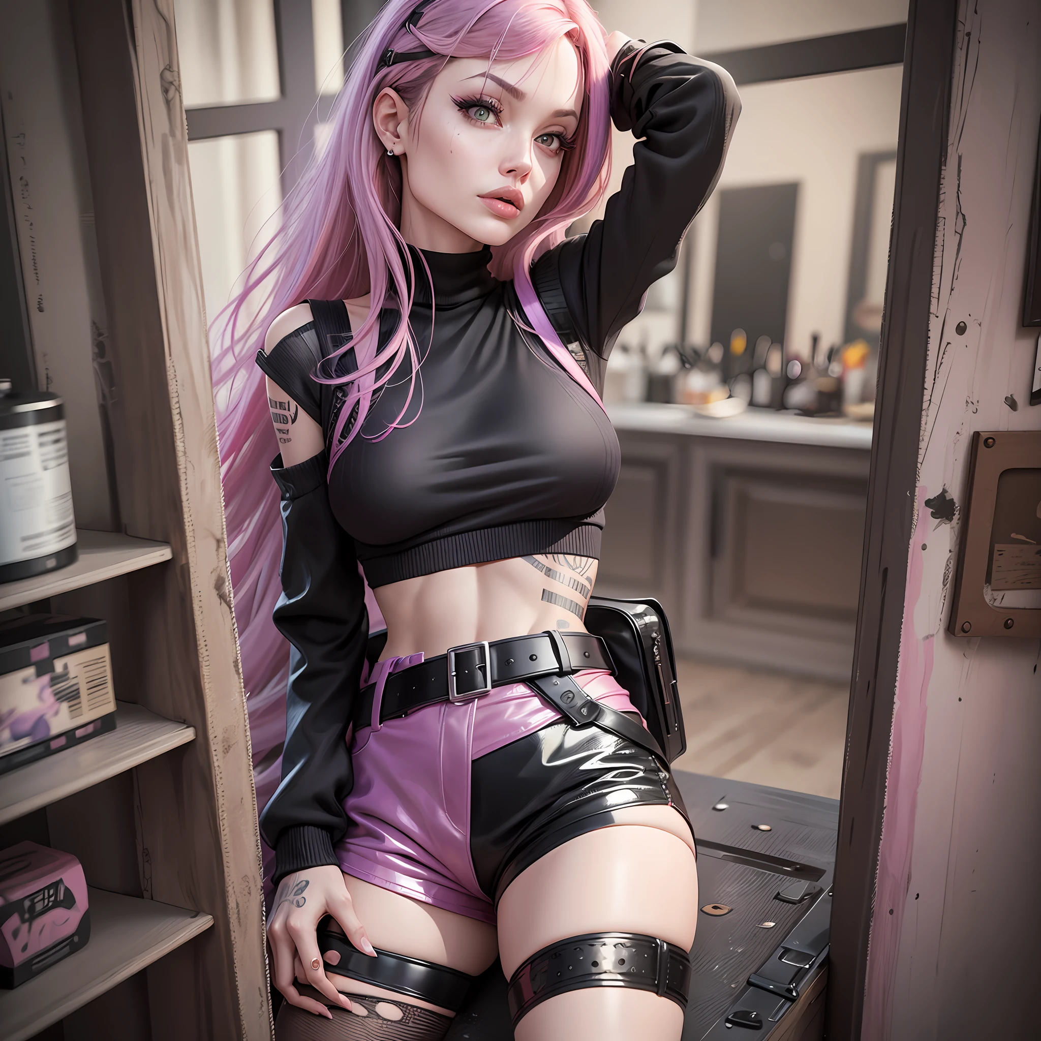 Angelina Jolie, 1girl, portrait, beautiful, masterpiece, multicolored hair, pink hair, purple hair, dull bangs, 3d rendering, asymmetrical clothing, black sweater, pink latex, independent sleeves, beautiful eyes, makeup, eyelashes, black shorts, torn shorts, pink belt --auto --s2