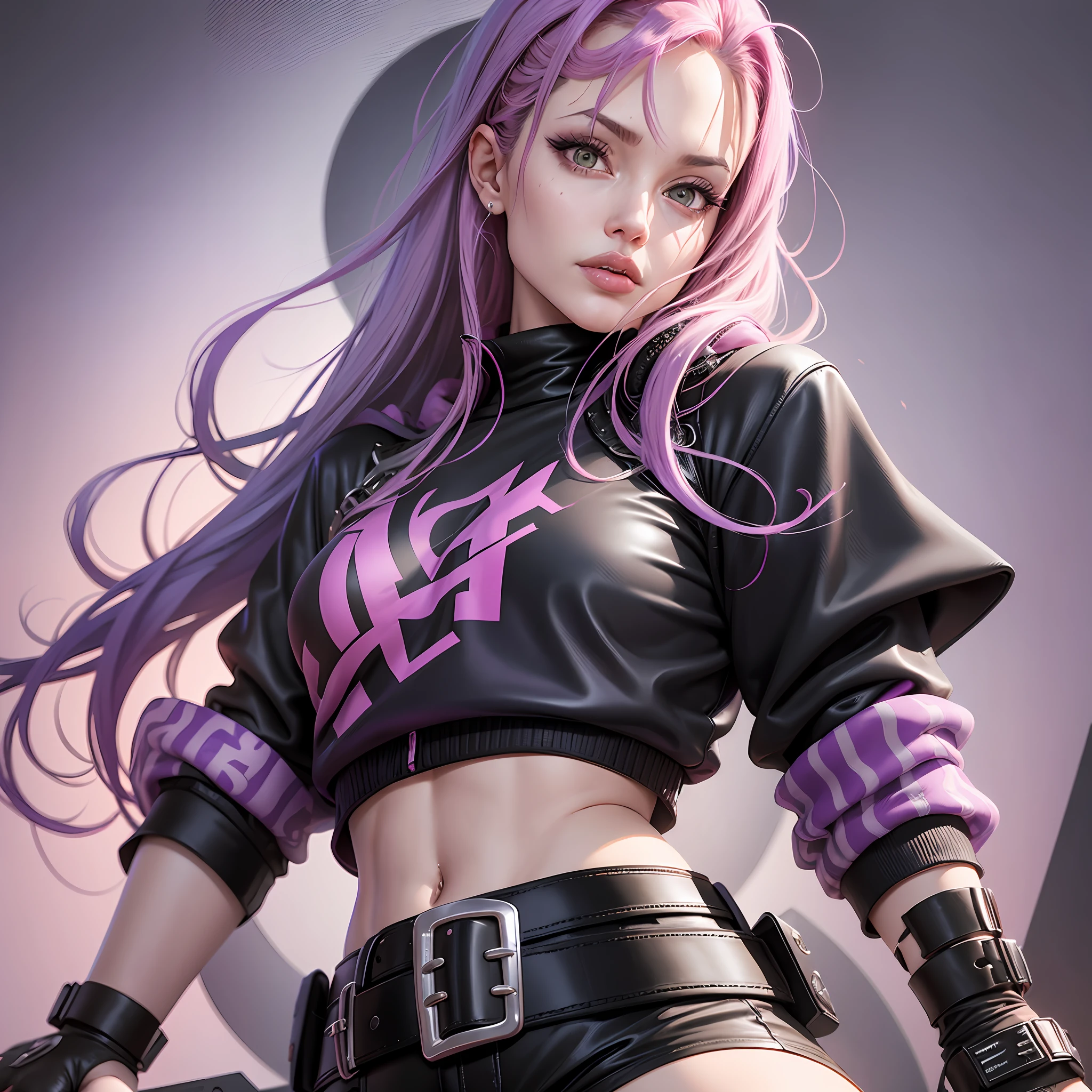 Angelina Jolie, 1girl, portrait, beautiful, masterpiece, multicolored hair, pink hair, purple hair, dull bangs, 3d rendering, asymmetrical clothing, black sweater, pink latex, independent sleeves, beautiful eyes, makeup, eyelashes, black shorts, torn shorts, pink belt --auto --s2