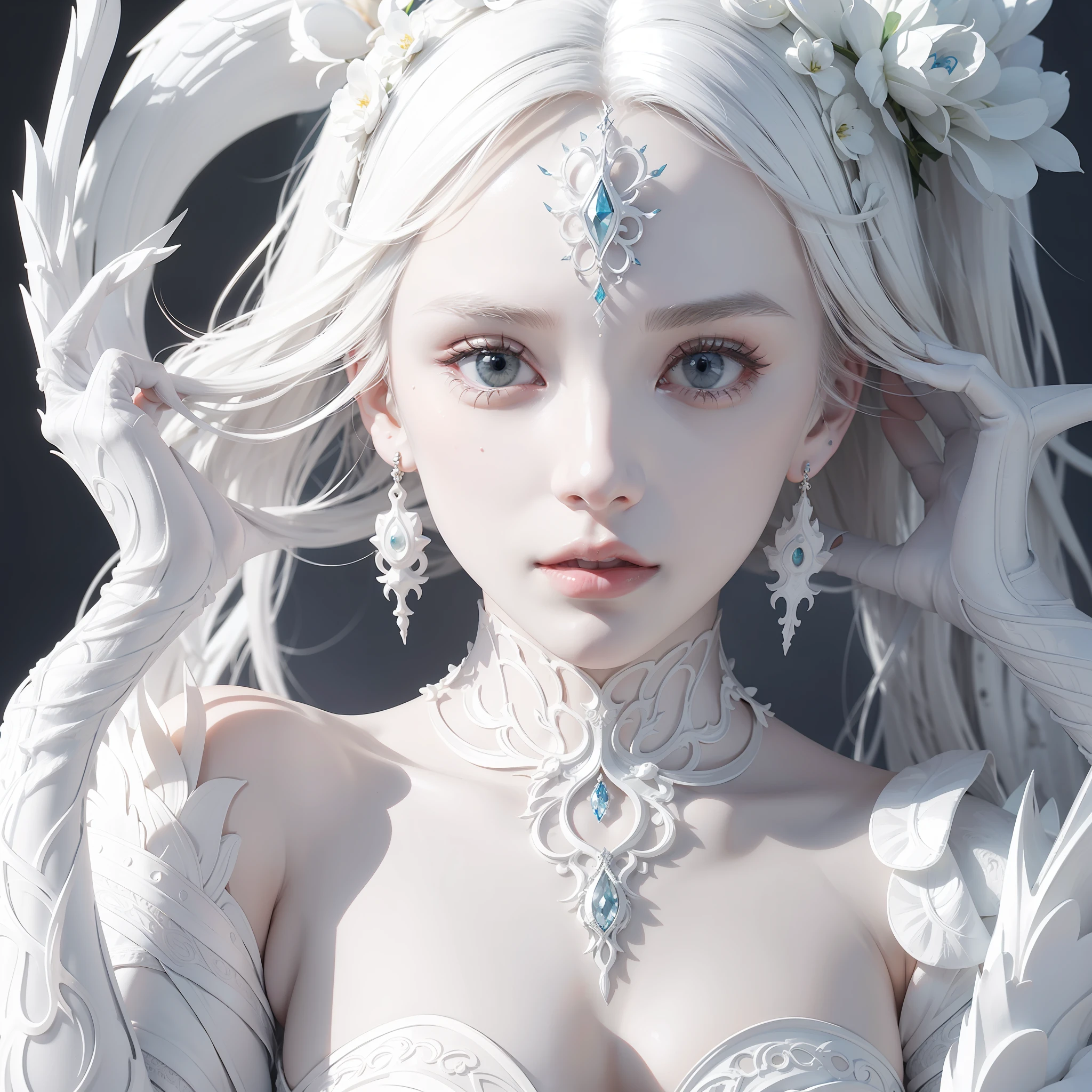 very beautiful woman, detailed face, mouth must be completely covered with white paint, albino human alien hybrid with highly detailed white ornament head, white ornament as a single limb, very white hybrid skin, hyper detailed, intricately detailed white clothing , fantasy creature image, very white skin,
