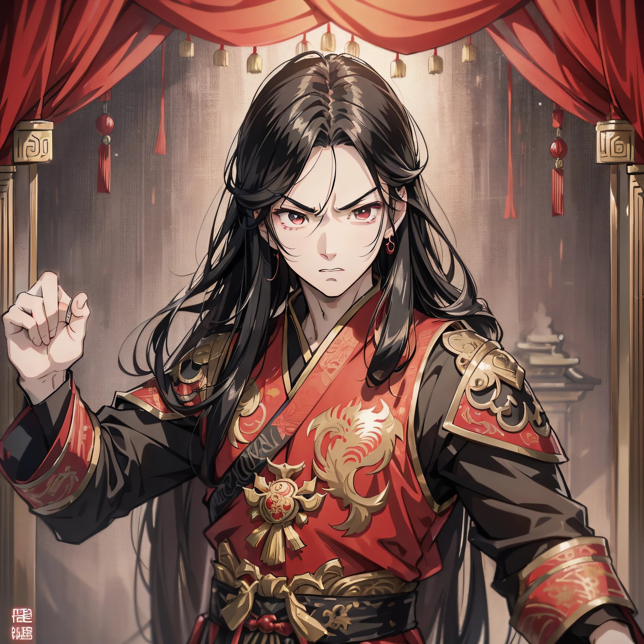 Ancient Chinese black long hair and about 18 years old anime young man wearing red wedding banquet Han costume, (frowning expression 1.5) (angry roar 1.2) (open mouth roar 1.5) (background is ancient Chinese room 1.5) anime style 4 K, anime rendering, anime style. 8k, handsome anime face, handsome costume boy (upper body display 1.5) (handsome boy 1.3) (movie level lighting 1.5)