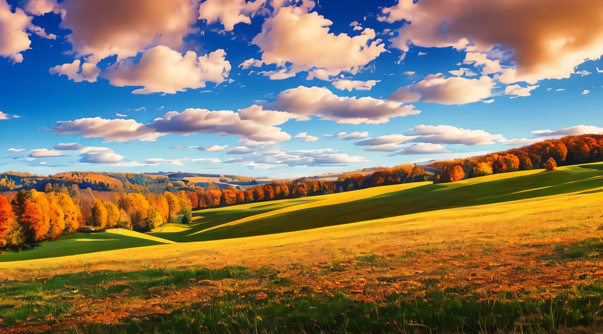 Autumn landscape, meadows, blue sky and white clouds --auto --s2