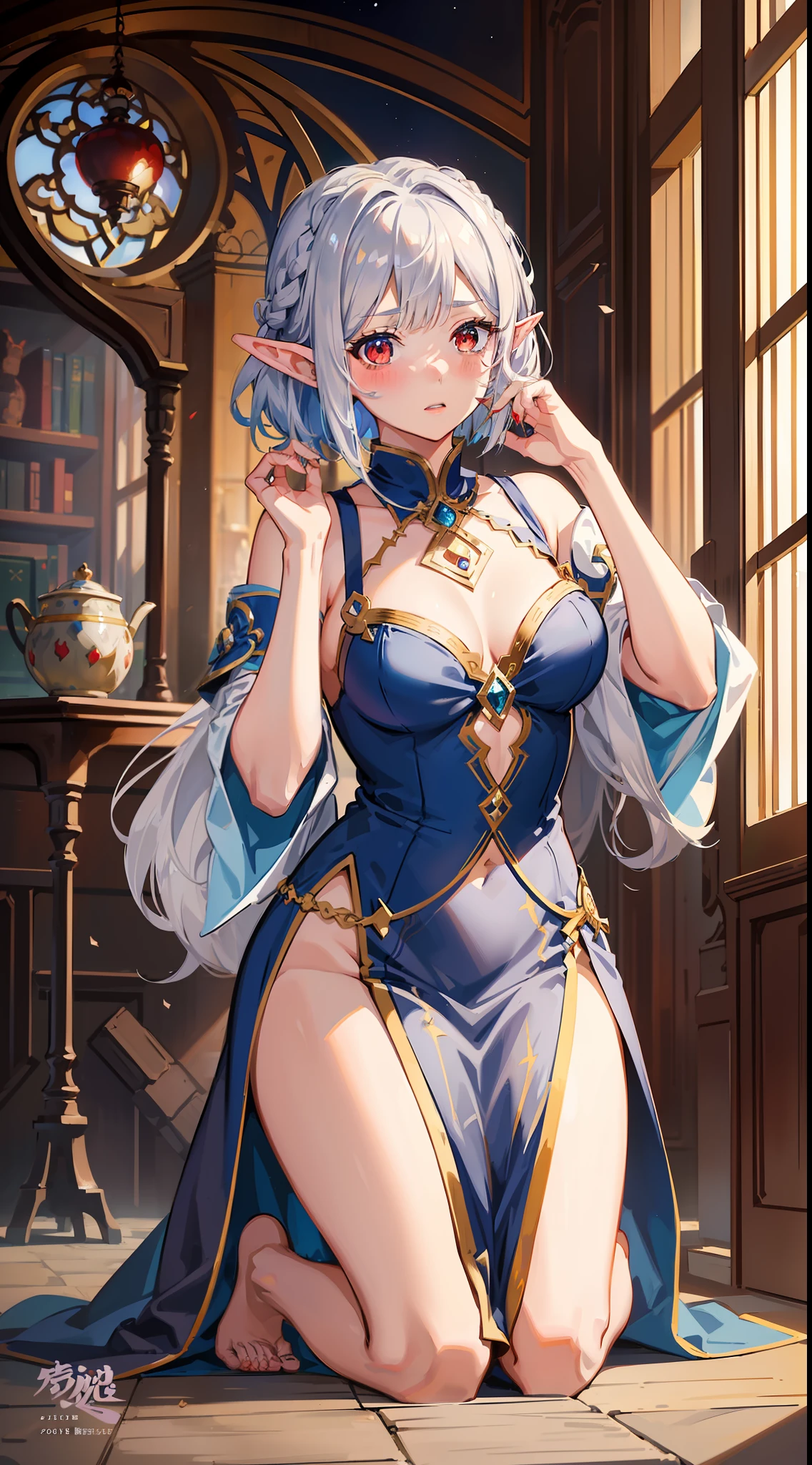 1 girl, elf, silver hair, red eyes, bob cut, braid, fantasy style costume, wizard, robe, long skirt, indoors, kneeling, (facing forward), ((putting both hands on one's face)), (surprised), (blush), concept art, beautiful anime scene, beautiful anime scenery, top rated on pixiv, top quality, 4K