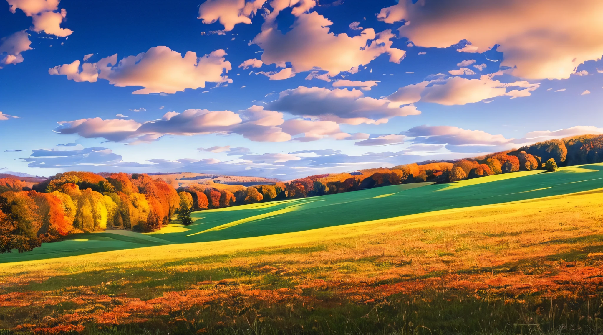 Autumn landscape, meadows, blue sky and white clouds --auto --s2