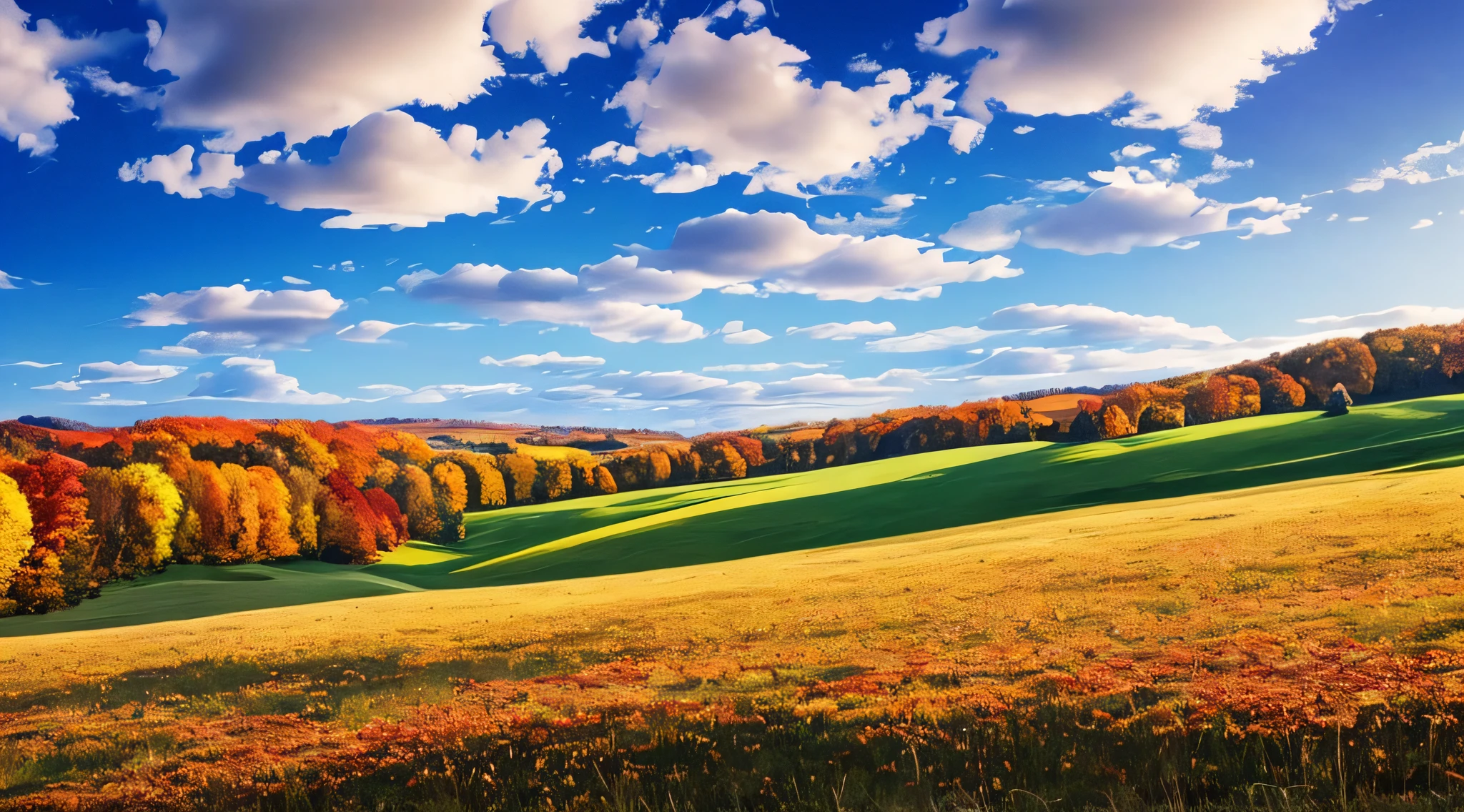 Autumn landscape, meadows, blue sky and white clouds --auto --s2