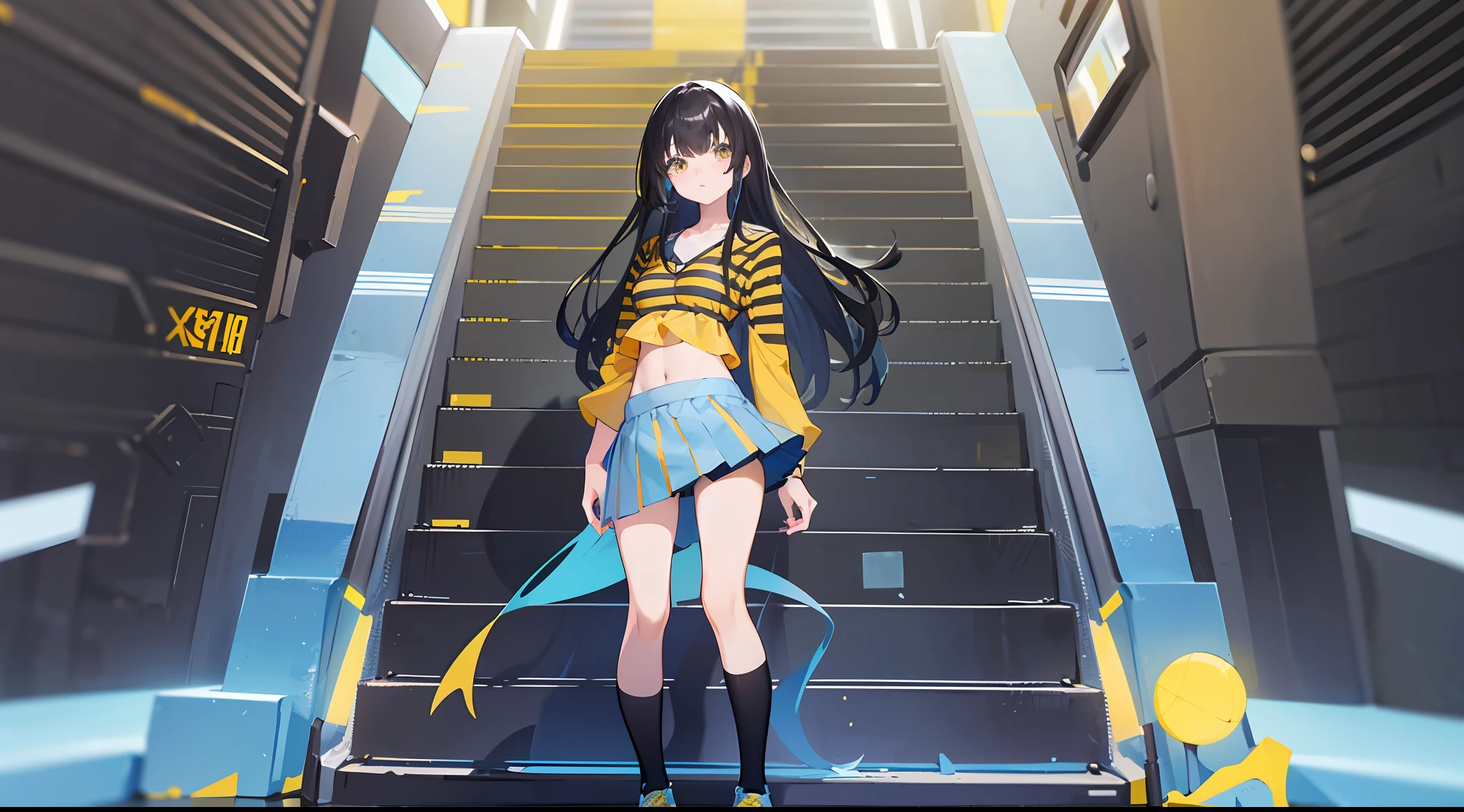 18-year-old girl,Long black hair,(yellow striped top:1.3) and (blue miniskirt:1.5) and yellow stockings,full body,Standing Posture
