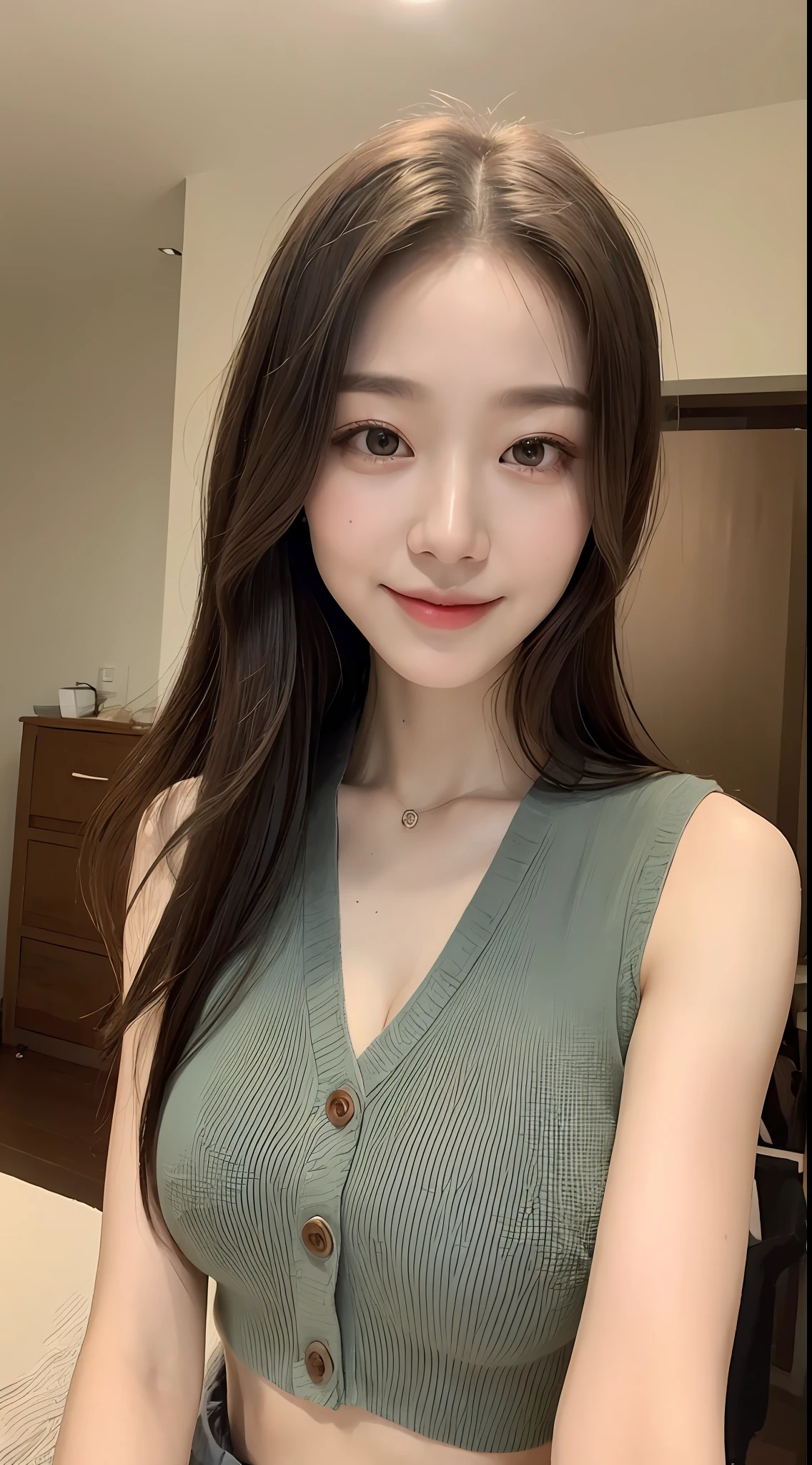 (8k quality, real masterpiece: 1.3), 1girl, (slender abs emphasis: 1.3), (long hair, big breasts: 1.2), loose vest: 1.2, fine face, delicate eyes, double eyelid smile, home casual, random color clothing.