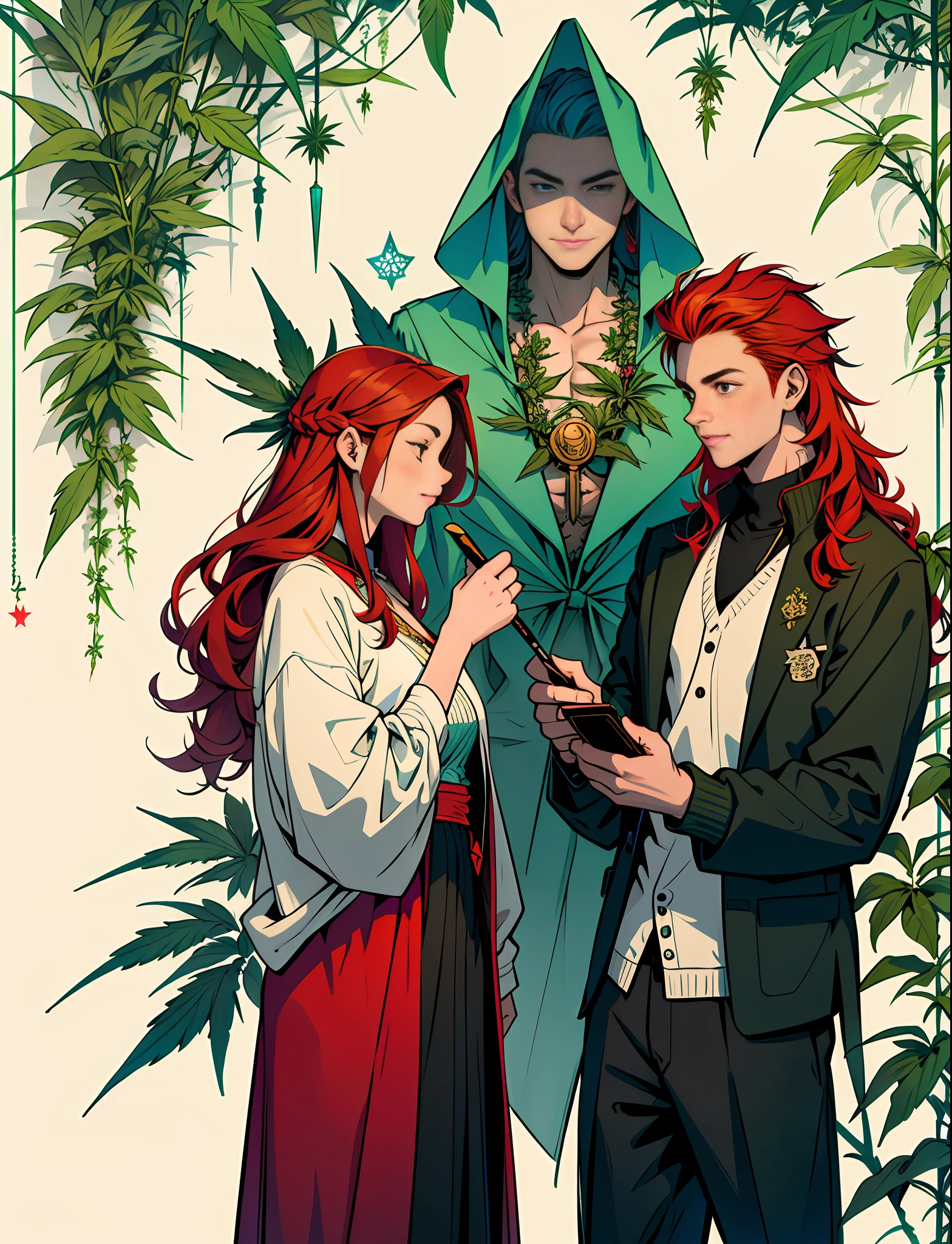 Boy, Girl,Dad,Mom,Family in love Hemp, leaf,marijuana,cannabis cone,((illustration)), colorful, wallpaper, energy, secret, magical environment, magical environment, magic wand, pages flying in the sky, omniscience, prediction of the future, understanding the past, frost magic, spells, red hair, long hair, --v 6