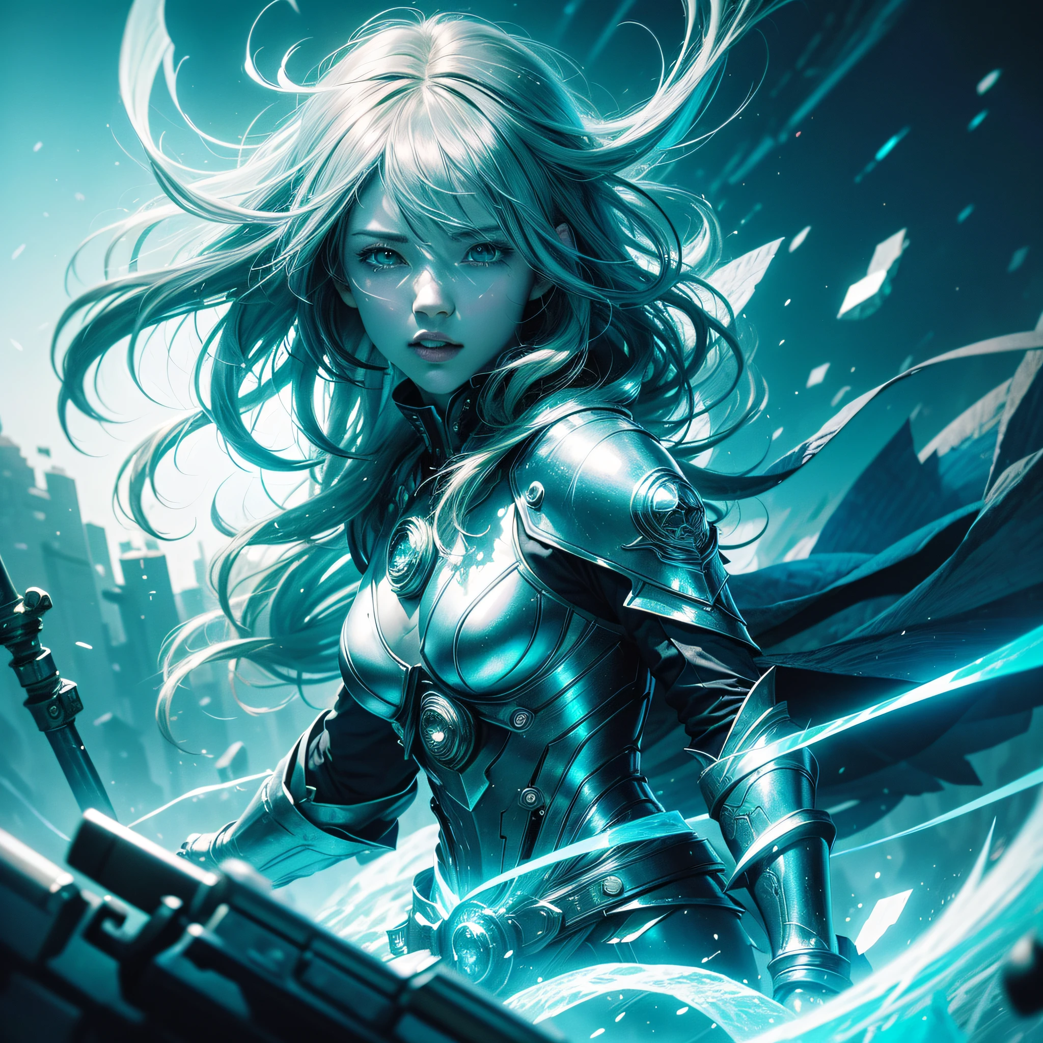 Digital Illustration, Anime style, Woman, elemental mage shrouded in green flames and blue rays, chromatic chaos, shades of silver and ice, depth of field, beautiful, highly detailed, hyper-realistic, cinematic lighting, clear, spatial background, soft cinematic lighting, (backlighting: 1.2), (flowering: 1.2), (bright light: 1.1), (chromatic aberration: 1.2), sharp focus, high contrast ,masterpiece, photorealistic