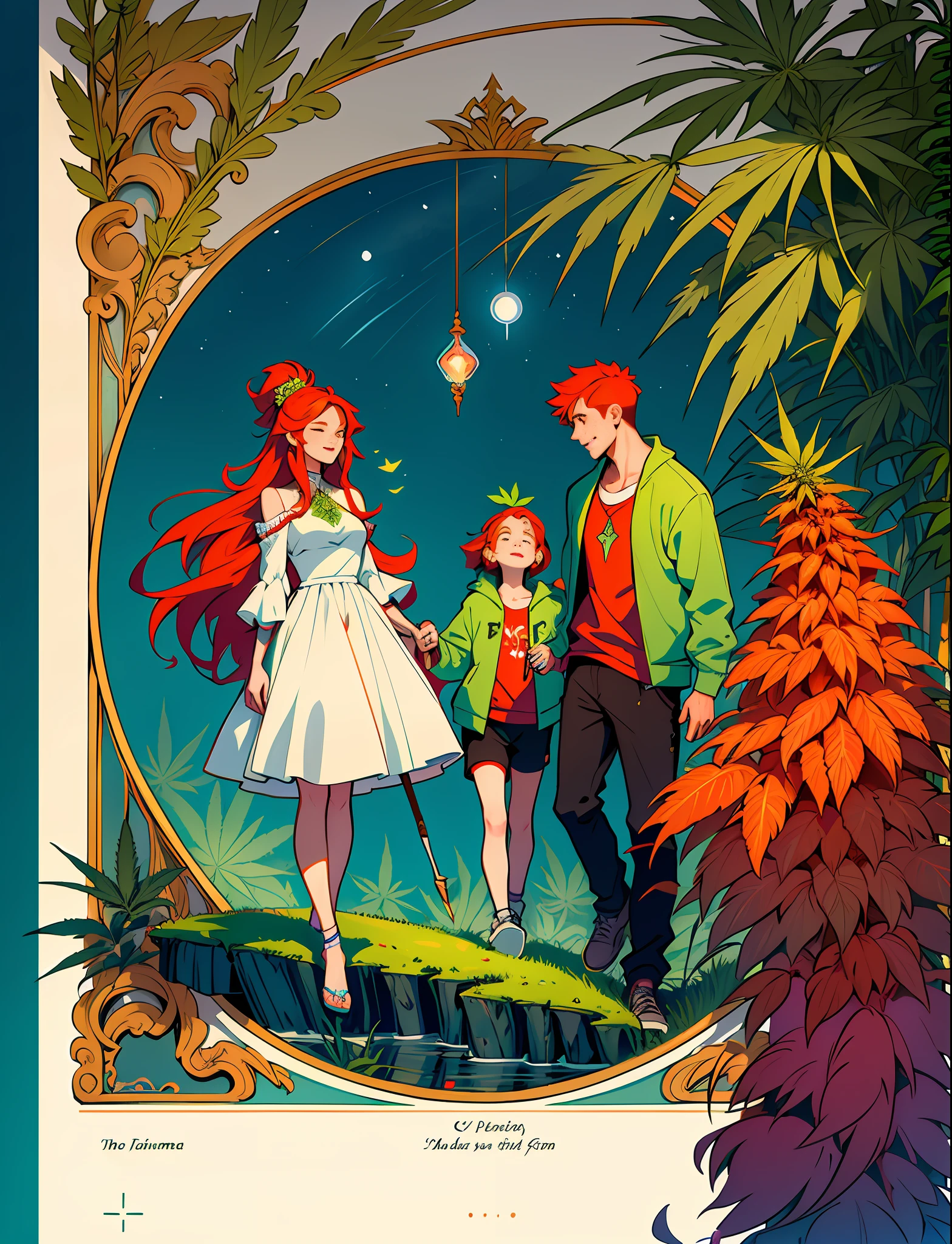 Boy, Girl,Dad,Mom,Family in love Hemp, leaf,?????????,???????? cone,((illustration)), colorful, wallpaper, energy, secret, magical environment, magical environment, magic wand, pages flying in the sky, omniscience, prediction of the future, understanding the past, frost magic, spells, red hair, long hair, --v 6