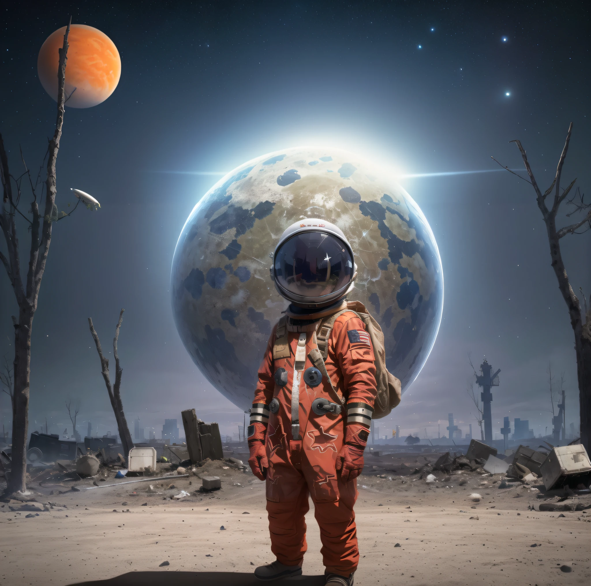 astronaut in orange space suit standing in front of a planet, astronaut stranded on planet, astronaut lost in liminal space, dusty space suit, astronaut standing looking, futuristic astronaut, spaceman standing looking, portrait of an ai astronaut, astronaut on the moon, creepy astronaut, science fiction space suit, spacesuit, portrait of an astronaut, lonely astronaut, portrait of astronaut