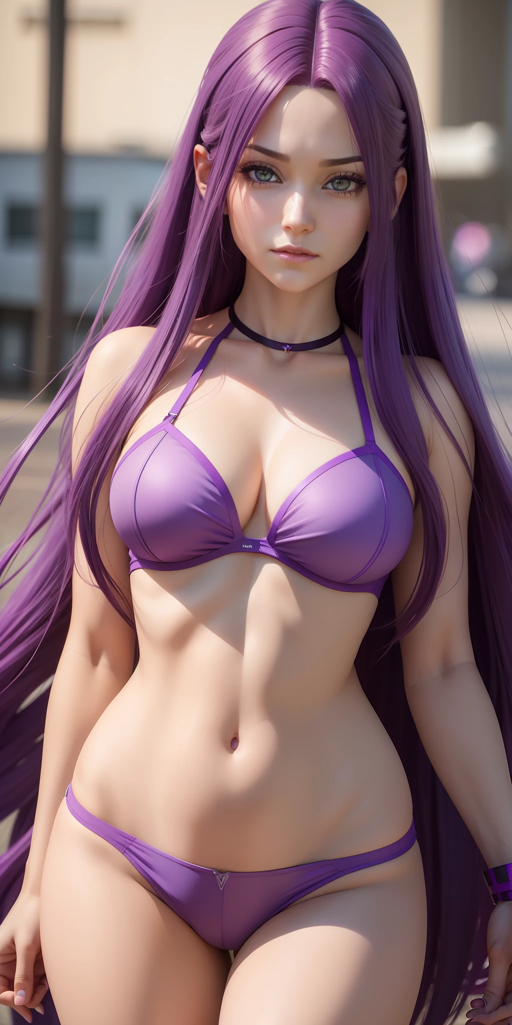 A close-up of a beautiful girl with long purple hair and a purple wig, 3D realistic anime, hyper-realistic anime, CGI anime, CGI anime style, anime realism anime, realistic anime, ultra-realistic accurate faces, 8k highly detailed face, ultra realistic face, anime realism, semi realistic anime, realistic face-body hybrid
