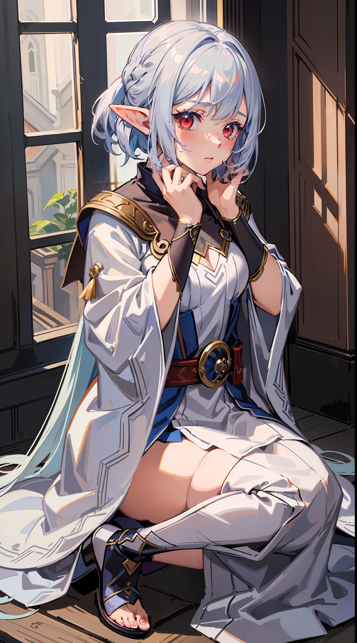 1 Girl close-up, elf, silver hair, red eyes, bob cut, braid, fantasy style costume, wizard, robe, long skirt, indoor, kneeling, (facing forward), ((putting both hands on their face)), (surprised), (blushing), concept art, beautiful anime scene, beautiful anime scenery, top rated on pixiv, best quality, 4K