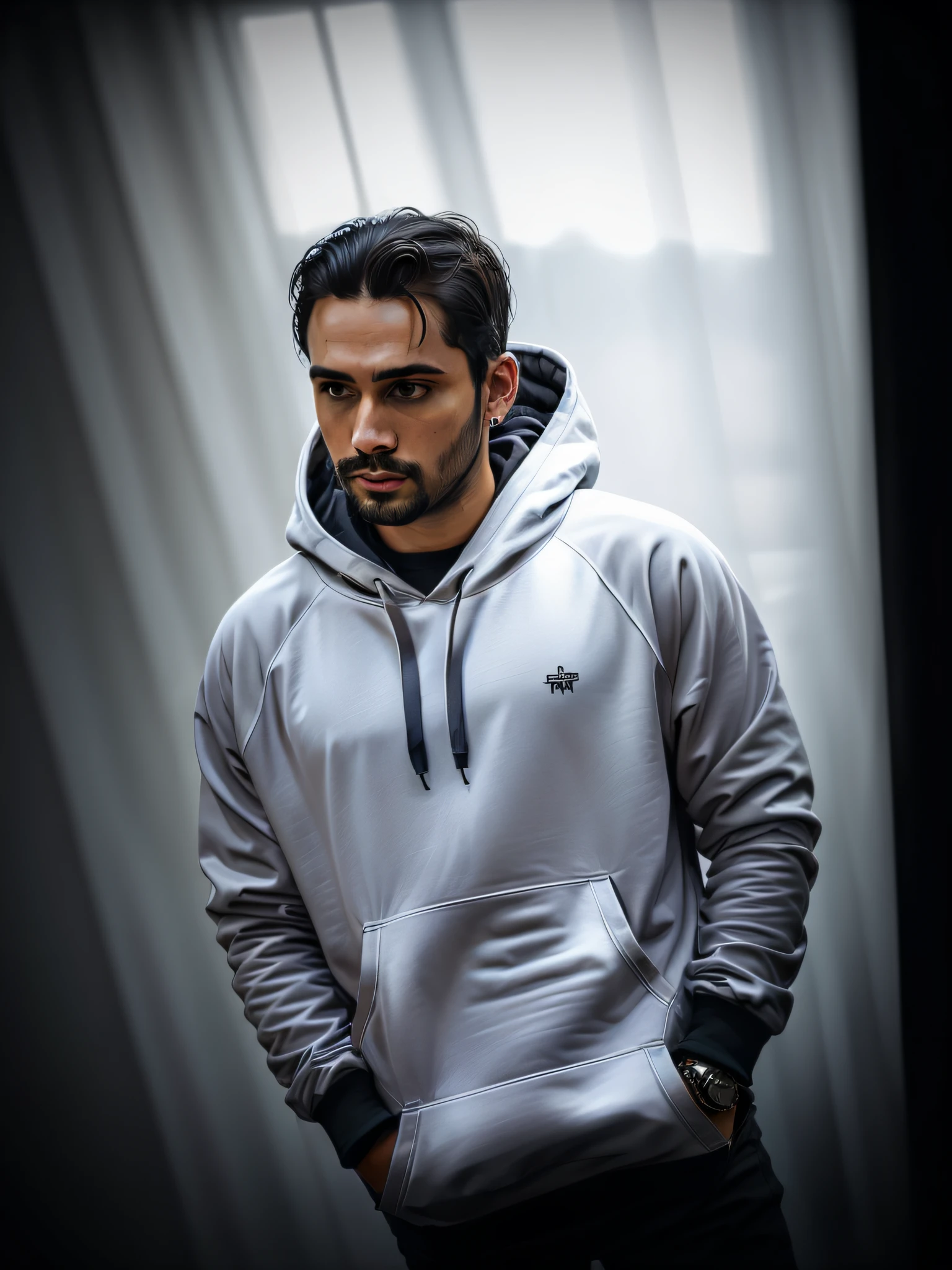 cyberpunk game style, ((masterpiece, best quality 1.3)) ultra detailed, 8k,adobe illustration realistic, digital painting, black hood in front of a curtain, with black hood, profile photo, wearing a black sweatshirt, wearing a hoodie, wearing an oversized hoodie, wearing hood, hooded, wearing a dark hood, trending in R/Techwearclothing, profile picture, wearing a hoodie