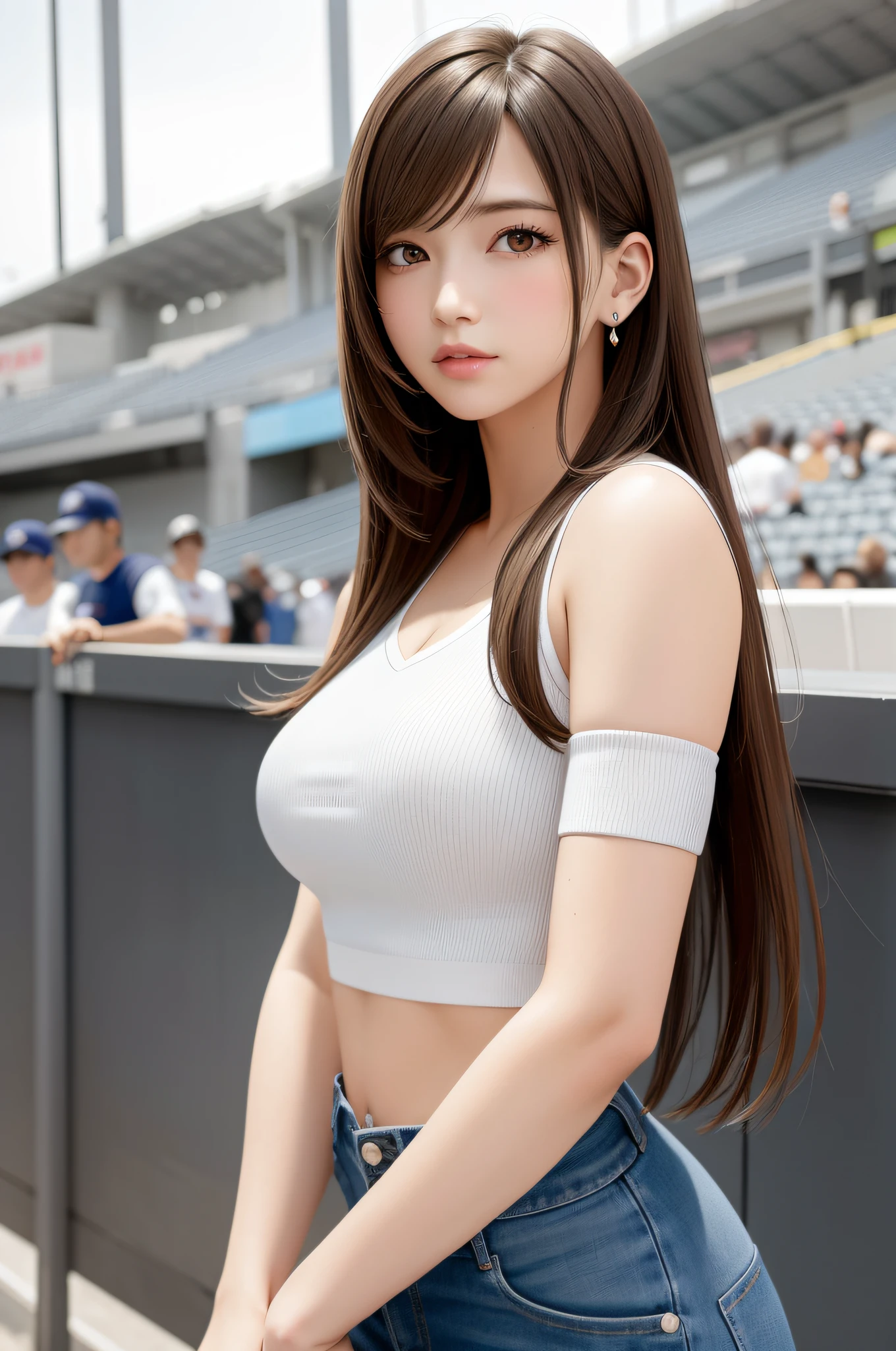 (Top Quality, Masterpiece: 1.1), (Real: 1.4),(ultra realistic) BREAK (((FF7))) (((Tifa))),crowd,1girl,face focus:1.2,looking back:1.2, BREAK ((Light Brown Hair, reddish brown eyes,Large breasts: 1.2)), BREAK (baseball cosplay, baseball stadium), 　BREAK (pink and white Stripe,off-shoulder baseball uniform,buttons,crop top uniform,midriff,cno-sleeves,very short pants),(No Bra)  (Small and beautiful hard nipple), clothed,(shiny oiled skin: 1.4), about 18 years old, BREAK happy,gravure pose