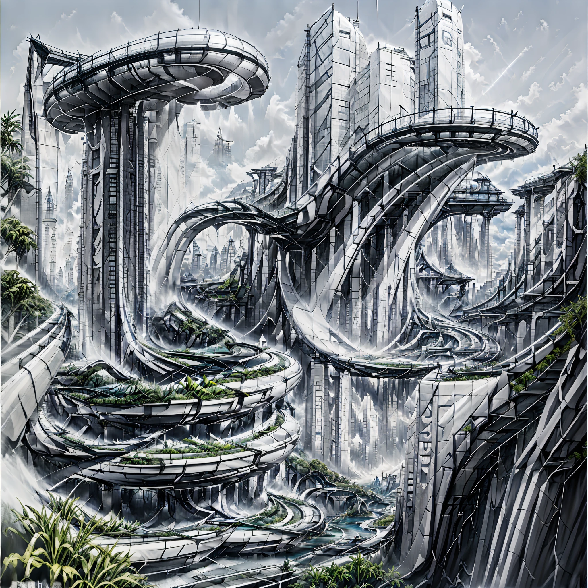 Airbrush drawing --v 5.1 style Futuristic design of an awesome sunny day environment concept art on a futuristic terrain with huge waterfalls,streams, mangroves,nature architecture, proportional,detailed,bright clouds, nature meets futuristic architecture by Santiago Calatrava and Vincent Callebaut with futuristic development, high rise made up staircases, balconies, full of composite glass facades, residential spaces carved from cliff side ,trending on artstation, beautiful lighting,In the style , fantasy, intricate, award winning, 4k, highest quality