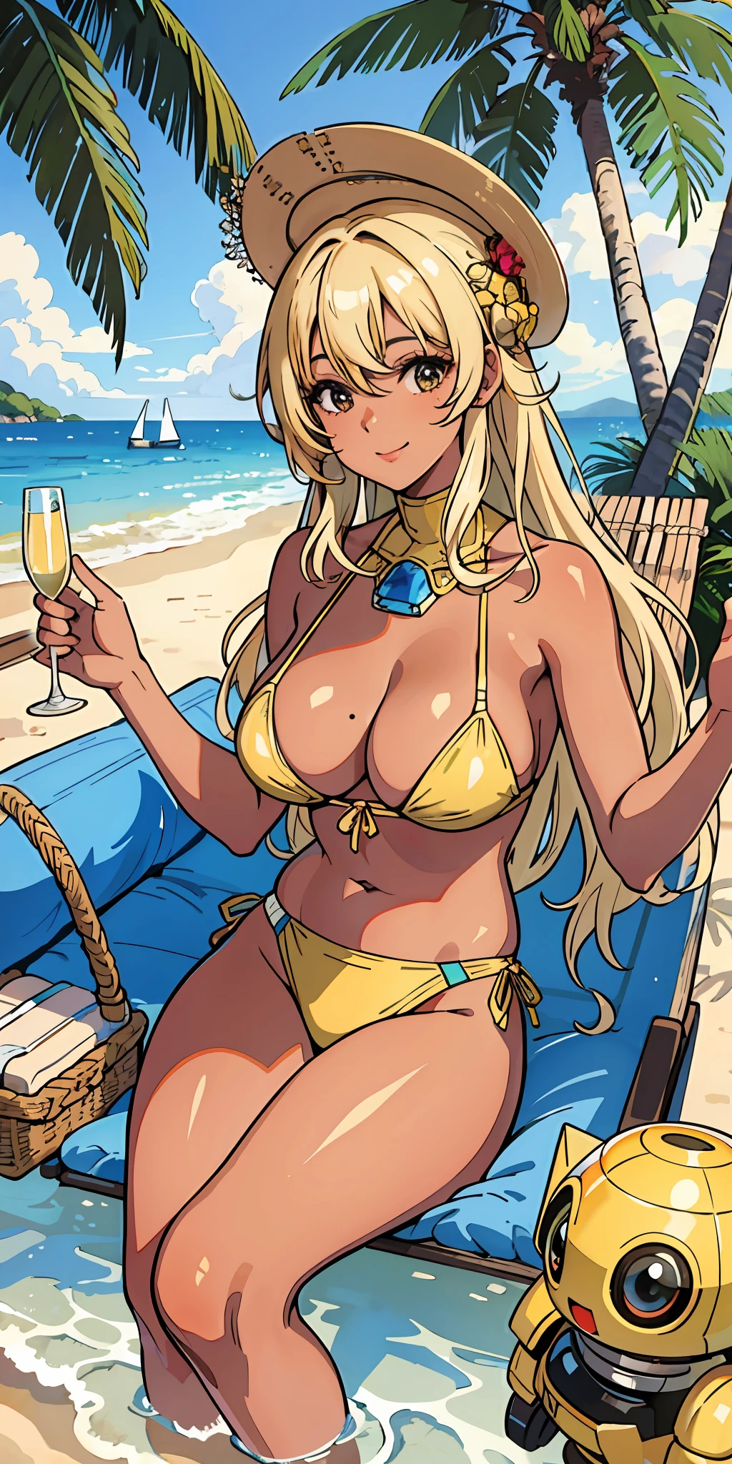 (top quality, masterpiece), 1 girl, 30 years old, stunning, smile, blonde, brown skin, tan, mole, big, big breasts, light areola, champagne,
hammock
picnic
coral reef
robot